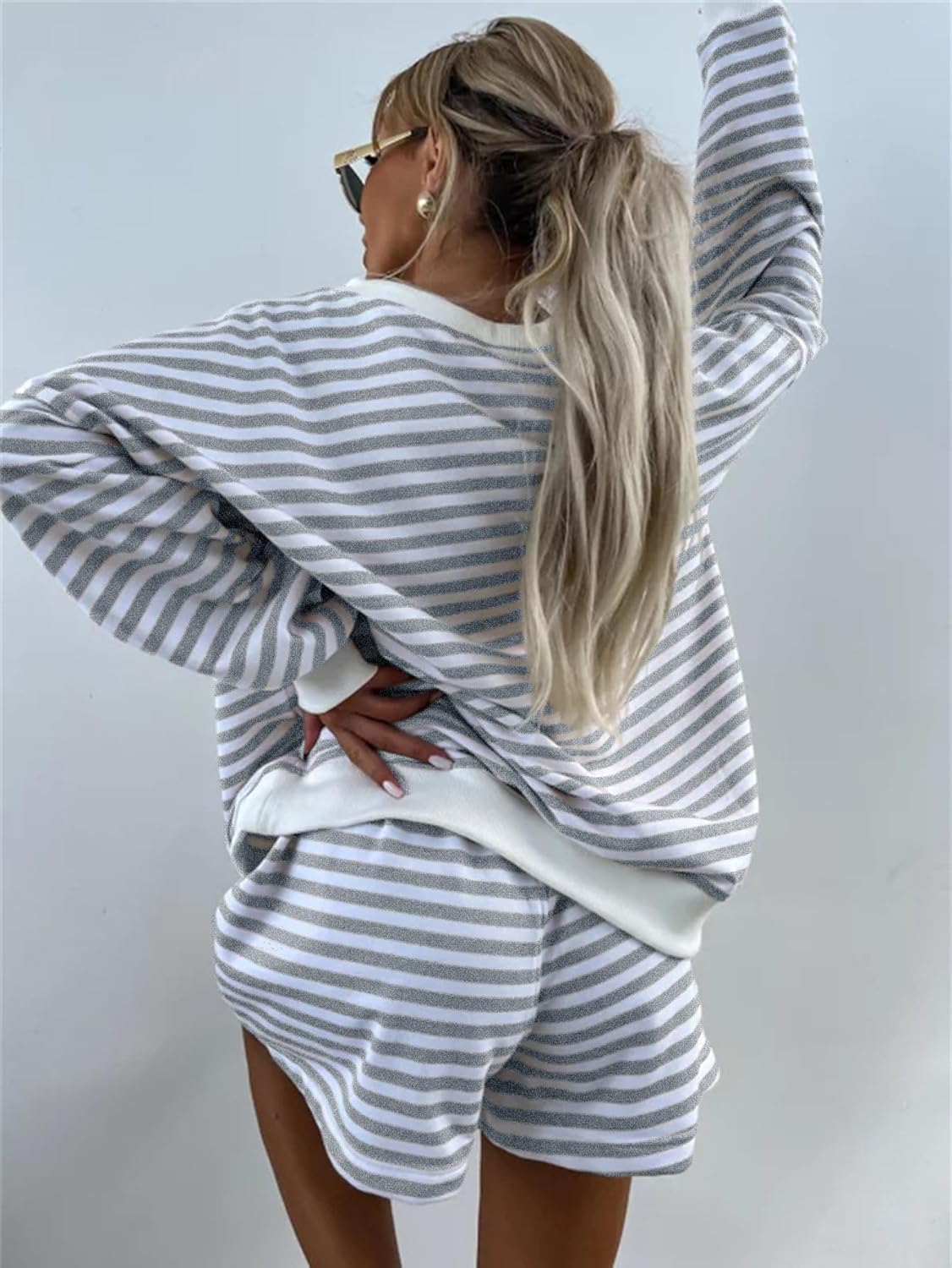 Melliflo Women 2 Piece Outfits Lounge Sets Striped Print Long Sleeve V Neck Sweatshirt and Shorts Set Sweatsuit - Image 4
