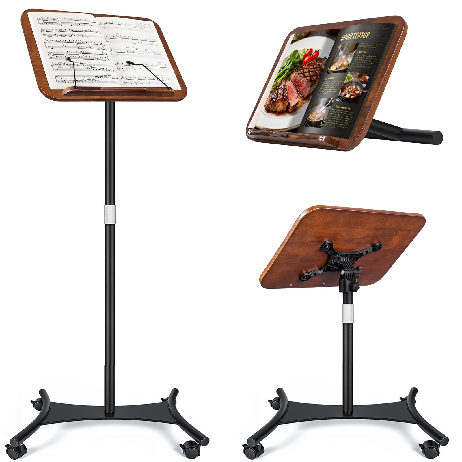 2 in 1 Dual-use Music Stand &amp; Desktop Book Stand, Adjustable Height 16.5"-51", 100% Solid Wood Laptop Floor Stand Book Holder with Elastic Page Clips for Cookbooks (Black Walnut-Wheeled)