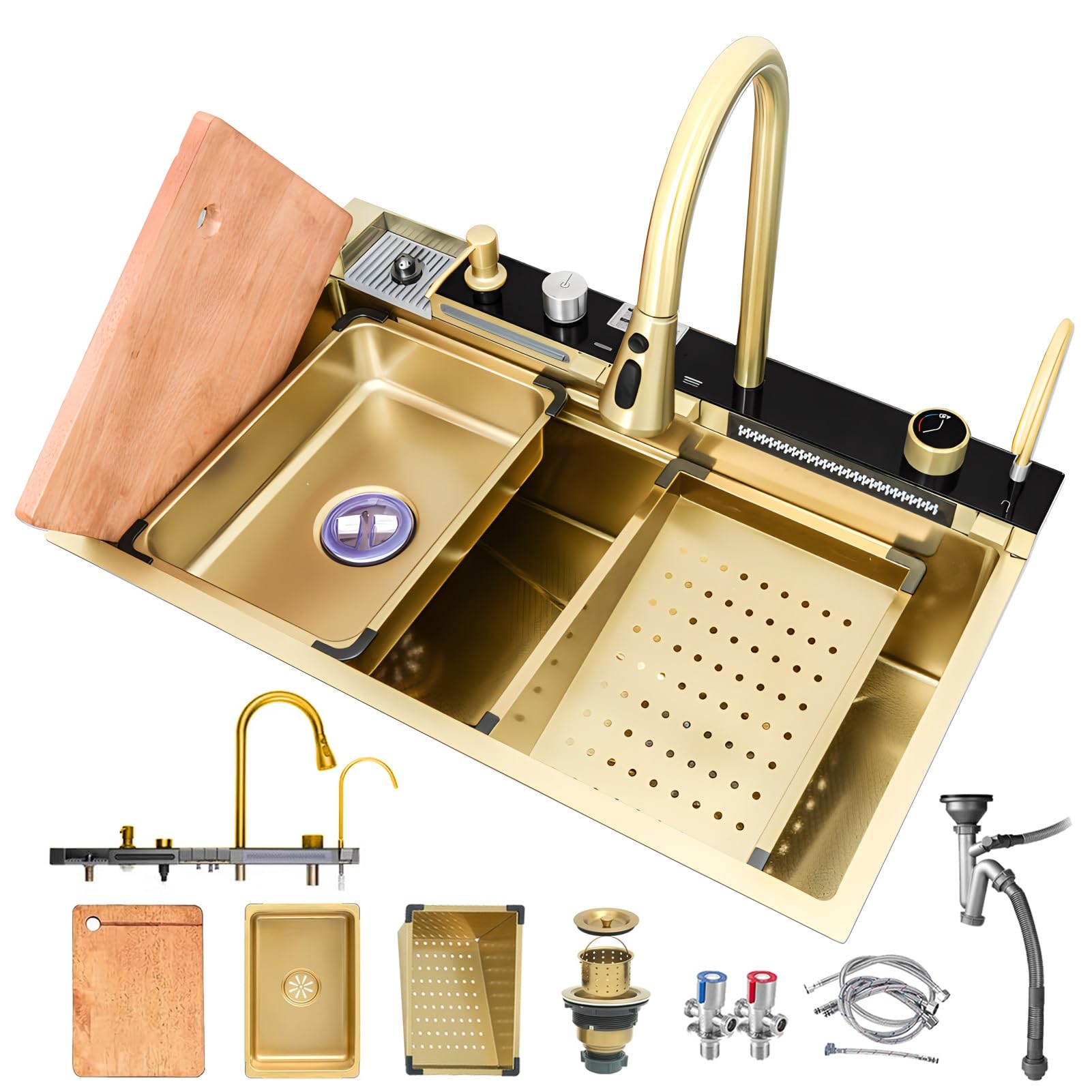 ZQFHSX Kitchen Sink, Nano Waterfall Domestic Sink Set, Vegetable Basin Single Workstation Black-Grey with Pull-Out Faucet, Pressurized Cup Washer(Gold,75CM/29.5" Premium)