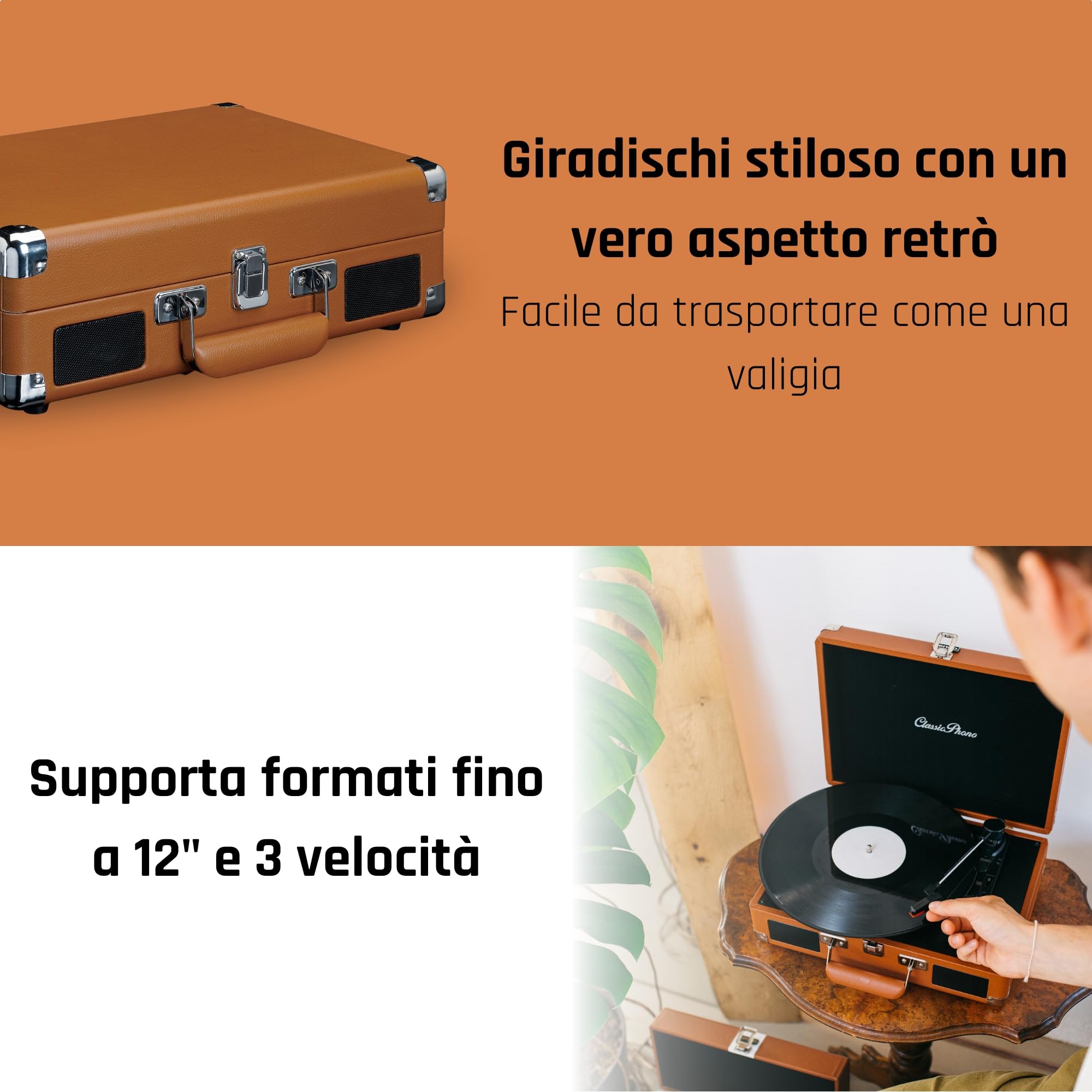 Classic Phono TT-10BN - Giradischi stile valigia con altoparlanti - Funzione di autospegnimento - 3 velocità - Trasmissione a cinghia - Ingresso AUX - Uscita linea - Marrone