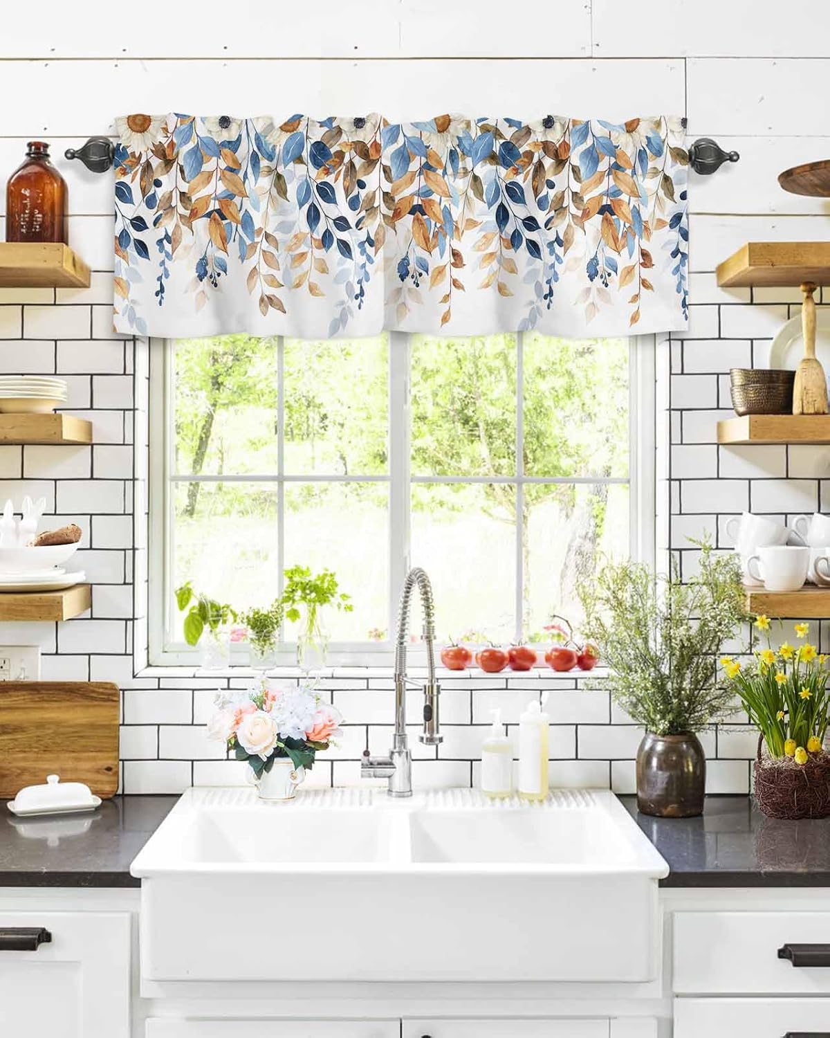 Fall Eucalyptus Leaves Valance Curtains for Kitchen Window Above Sink 54x18 Inch,Blue and Burnt Orange Leaves Rod Pocket Short Curtain for Living Room Sunflower Valances for Windows/Bathroom/Bedroom