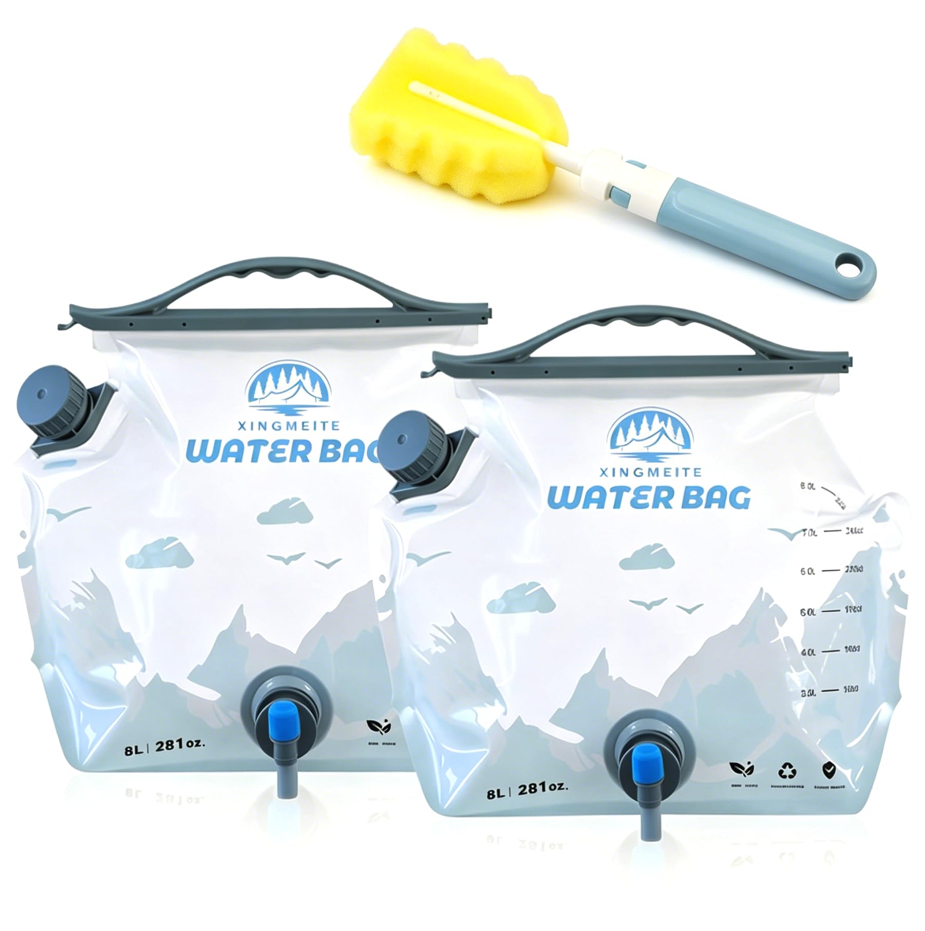 Meetyo 2 Pack 8L Folding Camping Water Containers With Tap, Ergonomic Grip Handle, Portable Leakproof Sealed Water Bag With Capacity Lines For Camping, Fishing & Vehicle Storage, BPA FREE, 16L Total