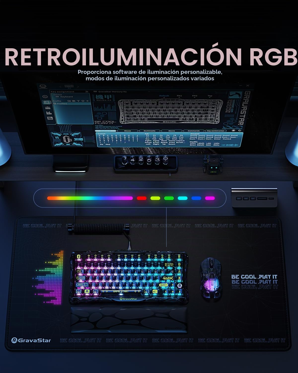 GravaStar Mercury K1 Lite QWERTZ Teclado mecánico (disposición DE), 75% teclado para gaming, inalámbrico, trimodo (2,4 GHz/Bluetooth/cable), teclado para gamer intercambiable en caliente, iluminación