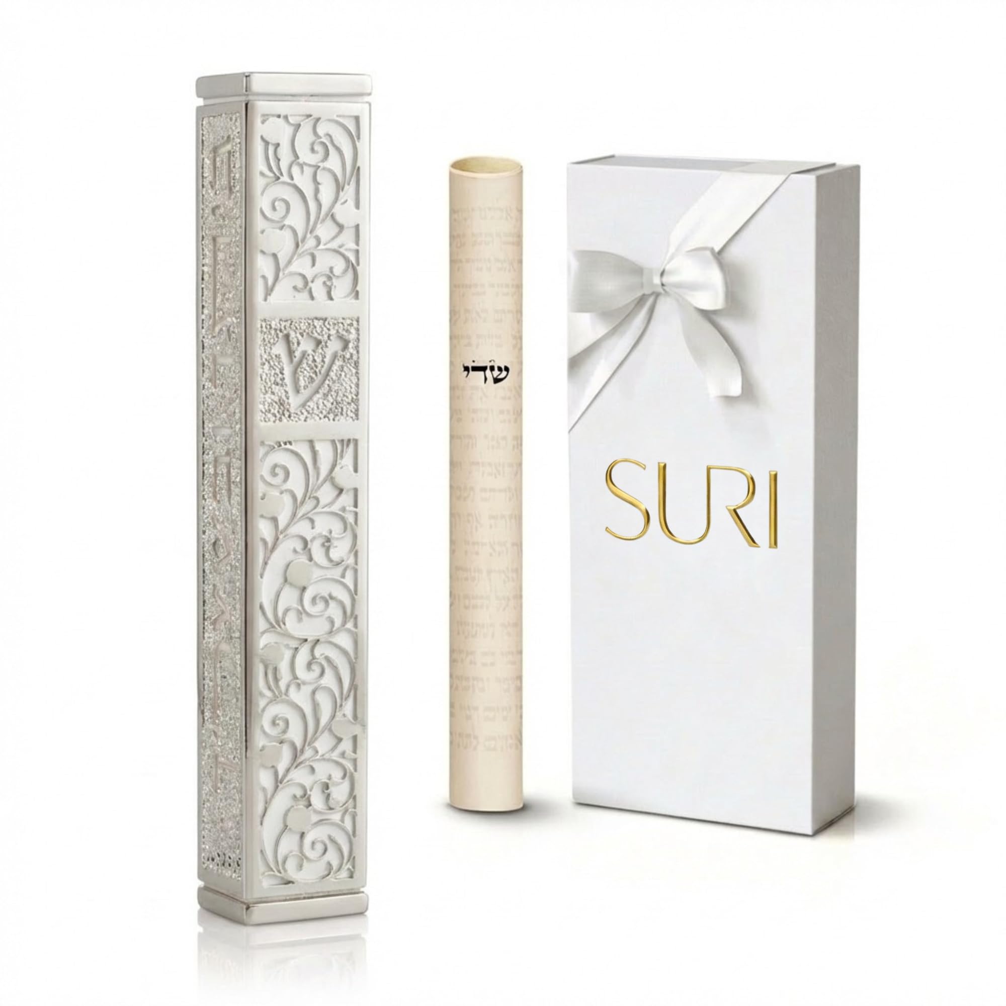 SURI Mezuzah for Door with Scroll, 6 Inch Silver and White Mezuzah Case with Non Kosher Scroll Inside, Fits a 5 Inch Scroll, Includes Adhesive and Gift Box
