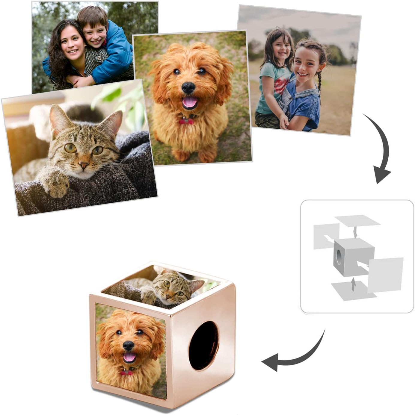 LONAGO Personalized Four-Sided Three-Sided Two-Sided Photo Charm 925 Sterling Silver Customized Bead Holds 2/3/4 Images Pictures Fit Snake Bracelet for Women - Image 2