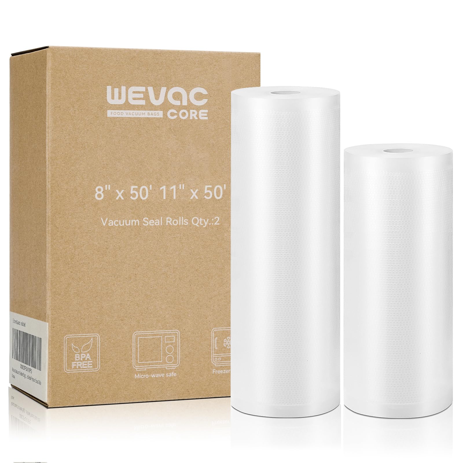 Wevac Vacuum Sealer Bags 8x50, 11x50 Rolls 2 pack for Food Saver, Seal a Meal, Weston. Commercial Grade, BPA Free, Heavy Duty, Great for vac storage, Meal Prep or Sous Vide 8\