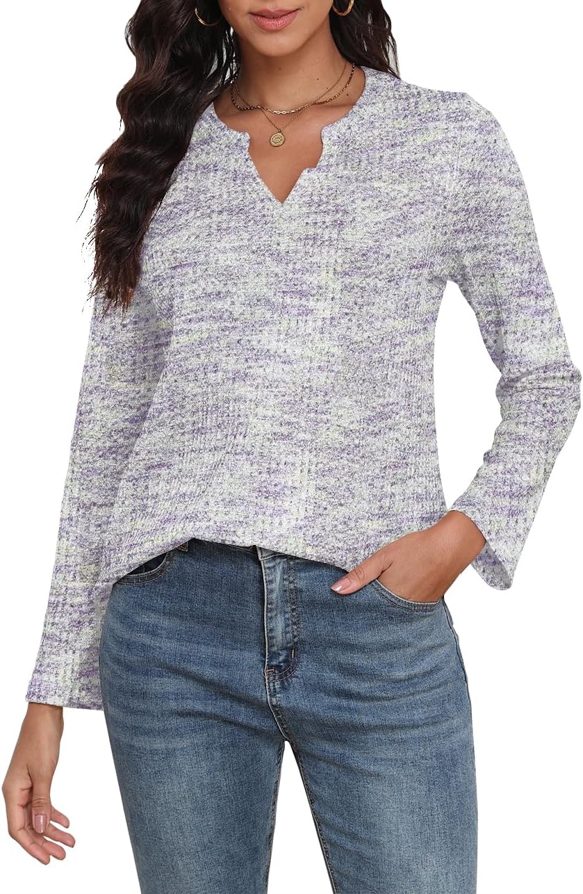COCOMARTS Womens Waffle Knit V Neck Tops Long Sleeve Henley Shirts Casual Blouses Fall Winter Outfits 2025 Trendy Clothes