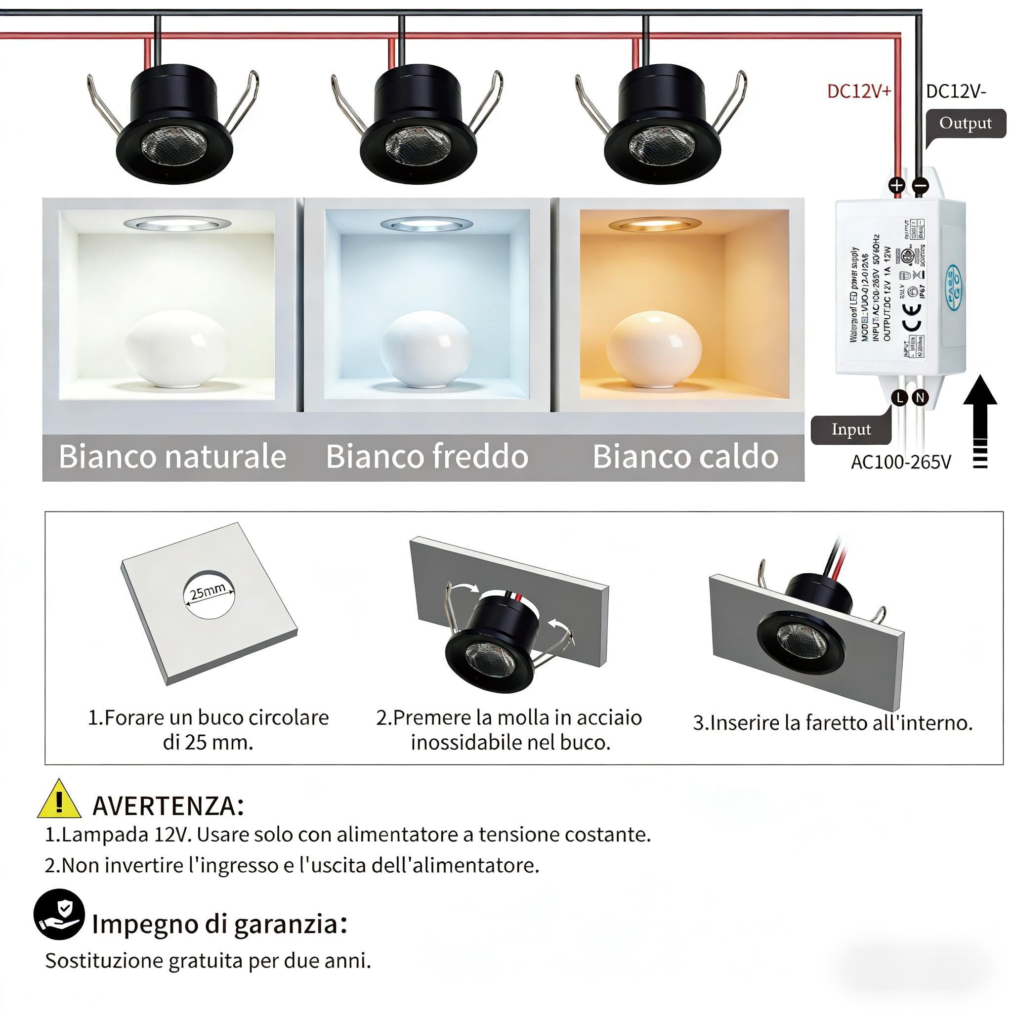 Mini Faretto LED 2W 6pz DC 12V, IP65 Impermeabile Piccolo Faretto da Incasso Soffitto, 25mm Illuminazione Fai-da-Te per Mobili Quadri Pareti Cucina Scale Vetrine Corridoi (Nero Caldo)