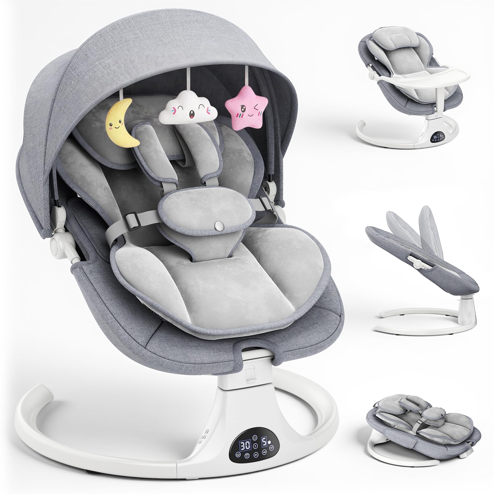 Respaldo Ajustable Hamaca para Bebé, Eléctrica Silla Mecedora de Bebé con Cojín Desmontable y Mesa Auxiliar Desmontable, Control Remoto Hamaca Bebe 5Velocidades de Columpio y 12 Melodias (Gris)