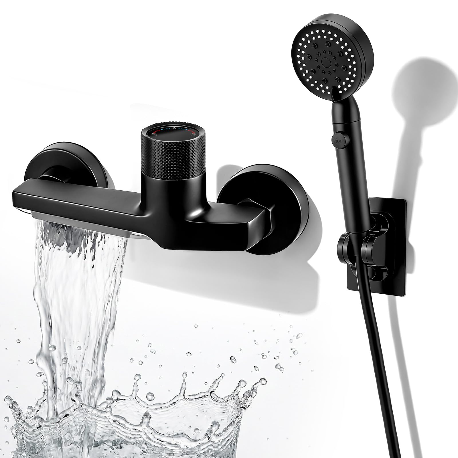 Rubinetto da vasca a cascata con soffione a mano, miscelatore per doccia a 5 funzioni con tubo in PVC da 1,5 m e supporto a parete, miscelatore da bagno e doccia in ottone
