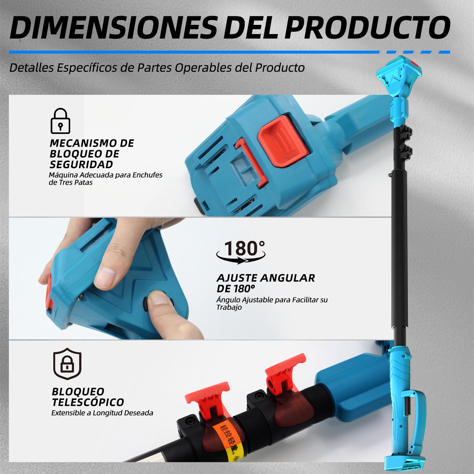 Pértiga telescópica ANEELV para tijeras de podar y sierras eléctricas – Extensible 1,2-2,5 m, cabezal 90°, altura 4,6 m – Compatible con Makita 18V