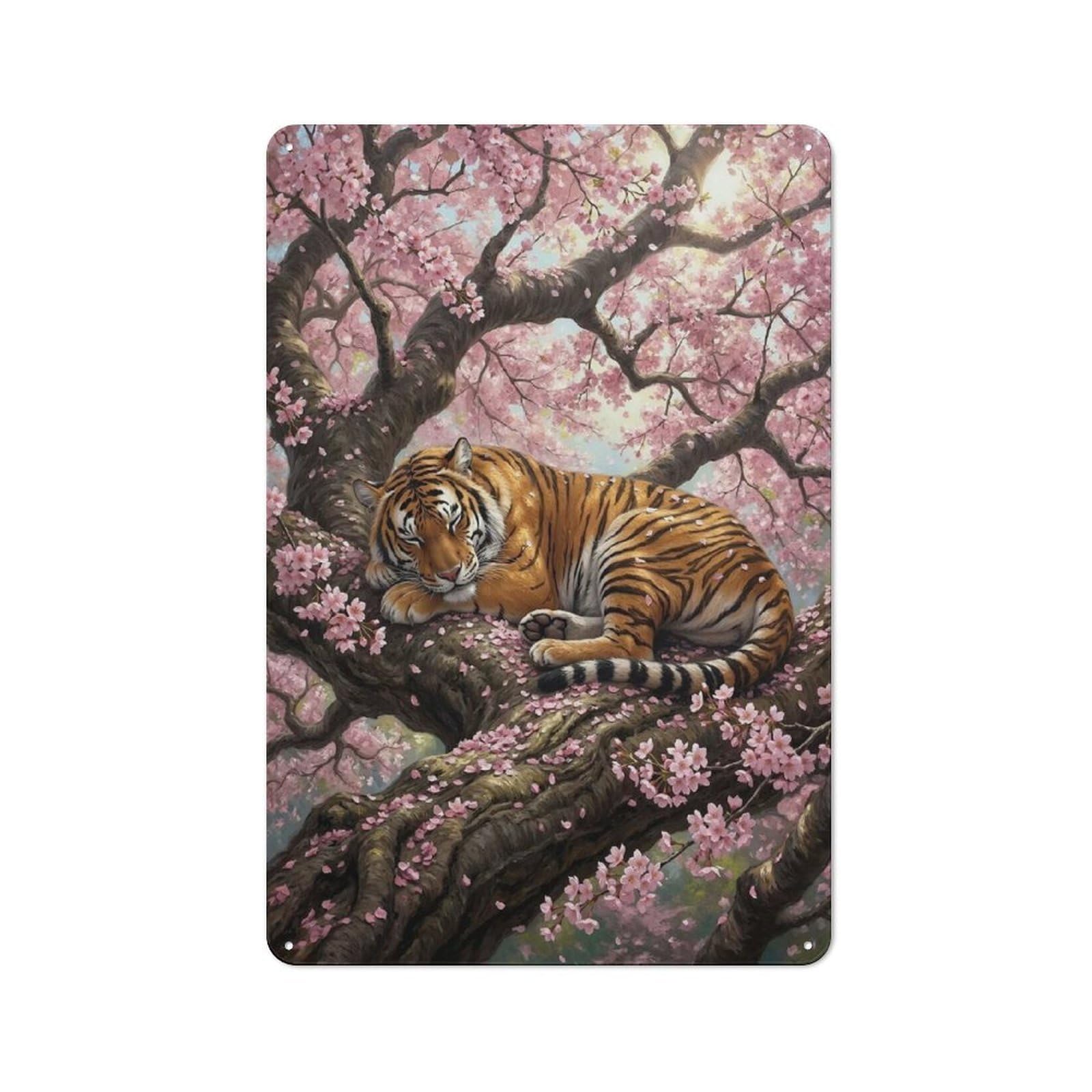 Junmoney Style-6 Tin Wall Plaque 30X20cm With Tiger Sleeping In Cherry Blossom Tree For Hallway Wall, Suited To Wall Displays In Hallways And Entrance Areas