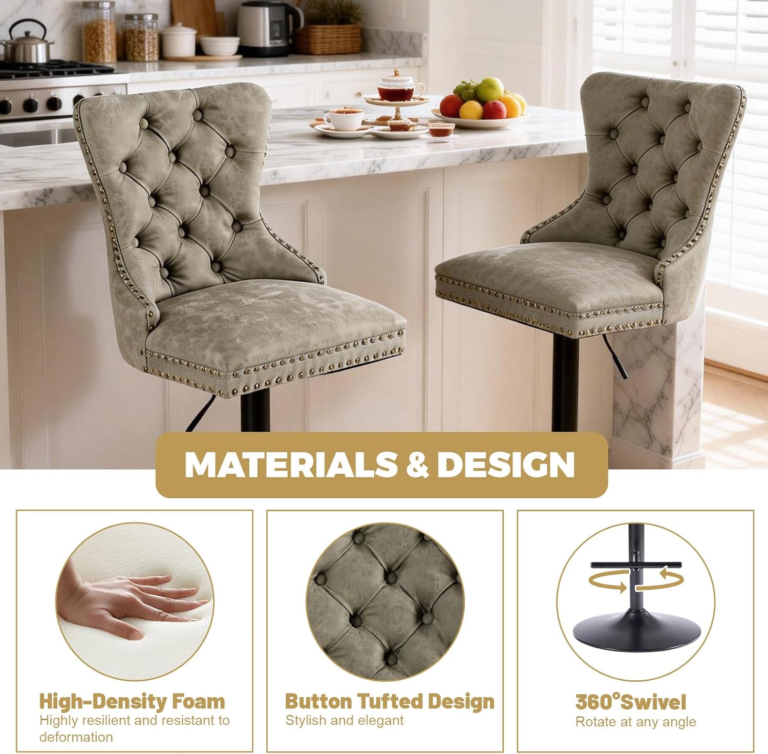 Swivel Bar Stools Set of 2, Adjustable Height Barstools with Tufted Back/Footrest, Modern Swivel Counter Height Bar Stools with Black Base, Bar Chairs for Dining Room Kitchen Island Pub, Olive Green