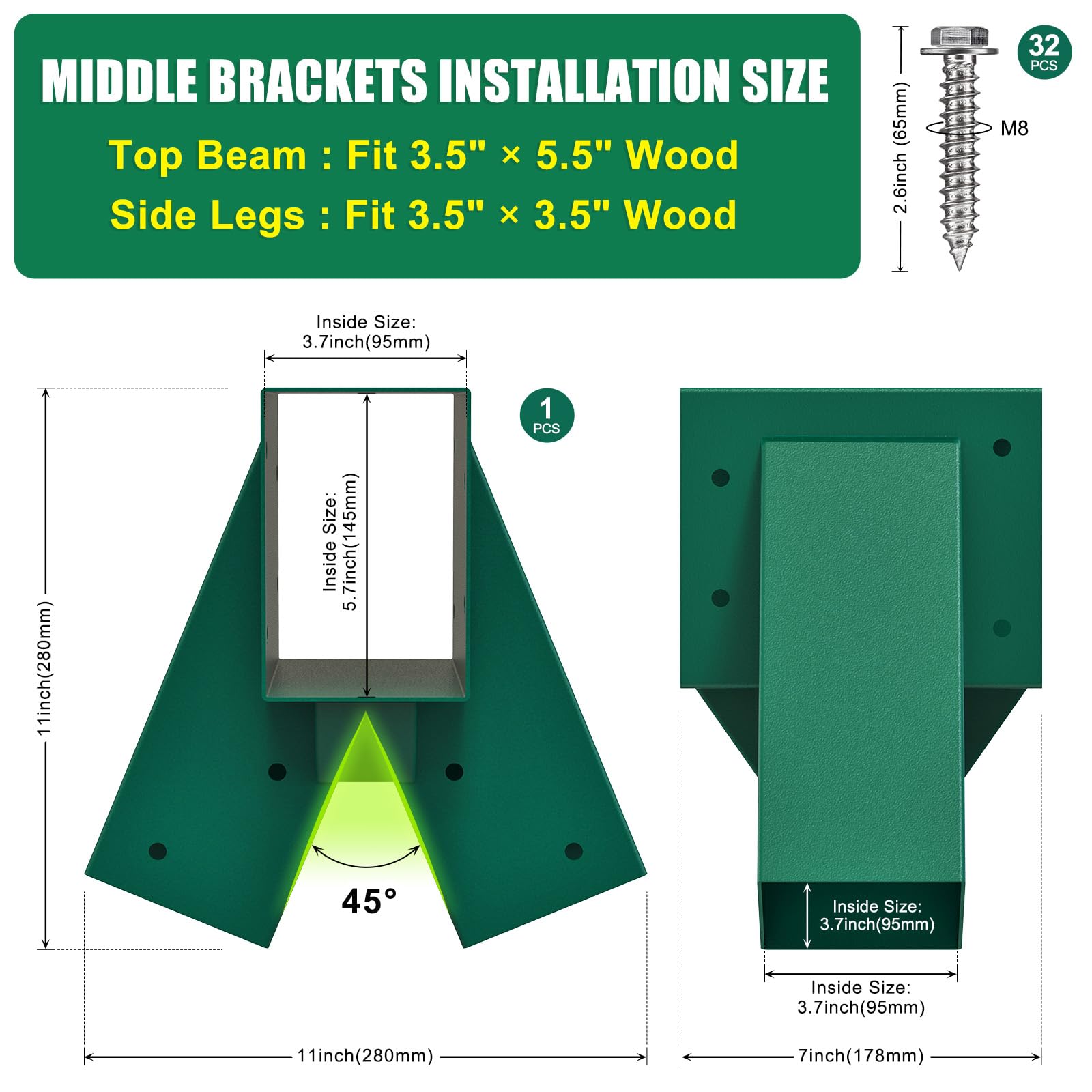 BeneLabel Raccord de Balançoire Fixation Balançoires Jardin 90 Degrés Milieu Connecteur pour Balançoire Kit Quincaillerie pour Aire Jeux Poteaux Bois Triangles Acier pour Poutre 143x95mm&Pied 95x95mm