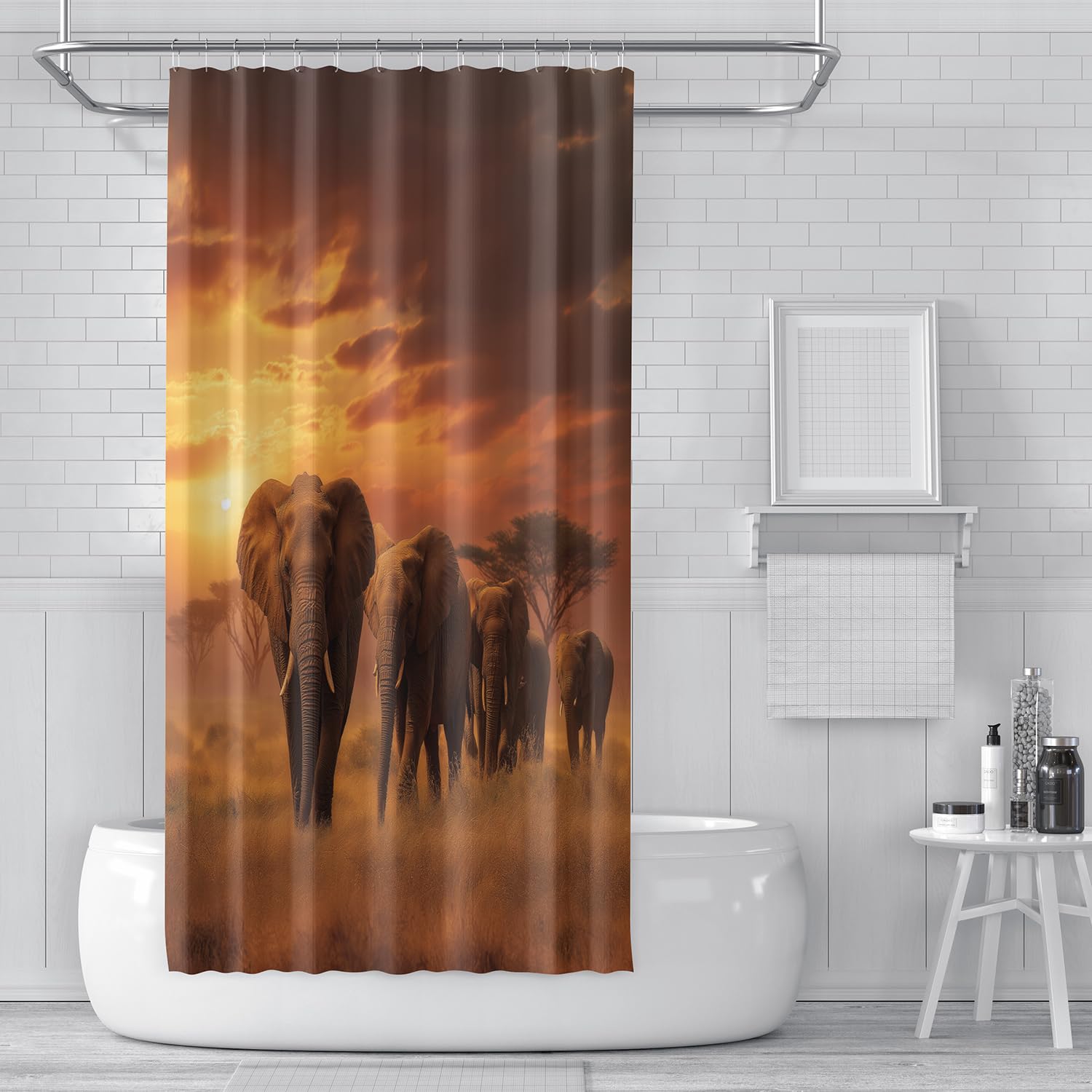 Elefanten-Duschvorhang 240x200, Elefanten Auf Der Wiese und Orangefarbener Sonnenuntergang, Badezimmervorhang mit Haken, Waschbarer Stoff für Nassraum Badezimmerdekor, B240 x H200 cm (1Er Pack)