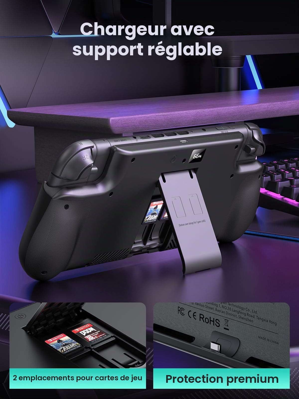 GagaKing Coque Batterie pour Nintendo Switch 2, boîtier de Recharge Rapide PD/QC 10000mAh – écran LED, Ports USB-C, 2 emplacements pour Cartes de Jeu et Support intégré