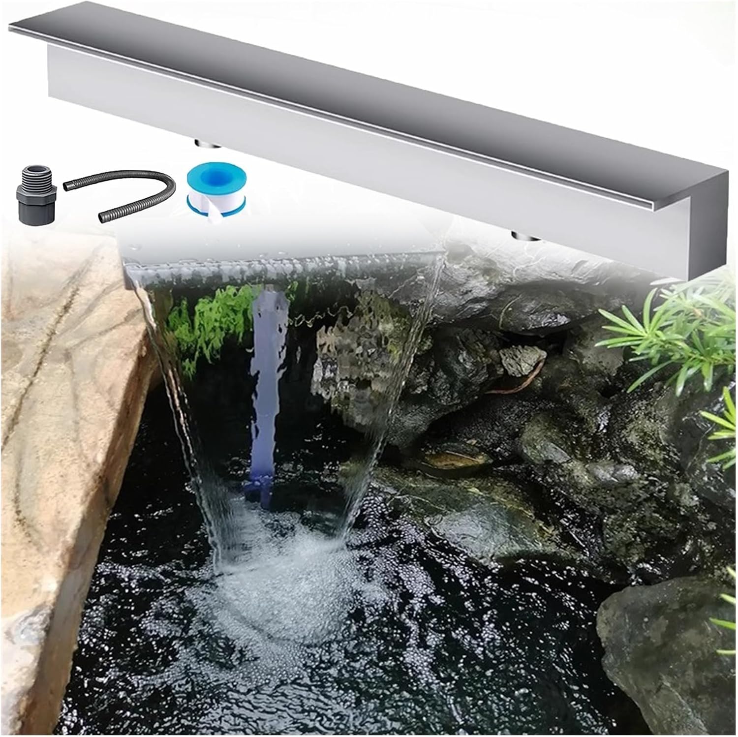 Pool Fountain, Stainless Steel Pond Waterfall Spillway Box with Pipe Connector Kits, Outdoor Fountain Water Feature Decor for Garden Patio Backyard(Silver,Outlet 50cm(19.7in))