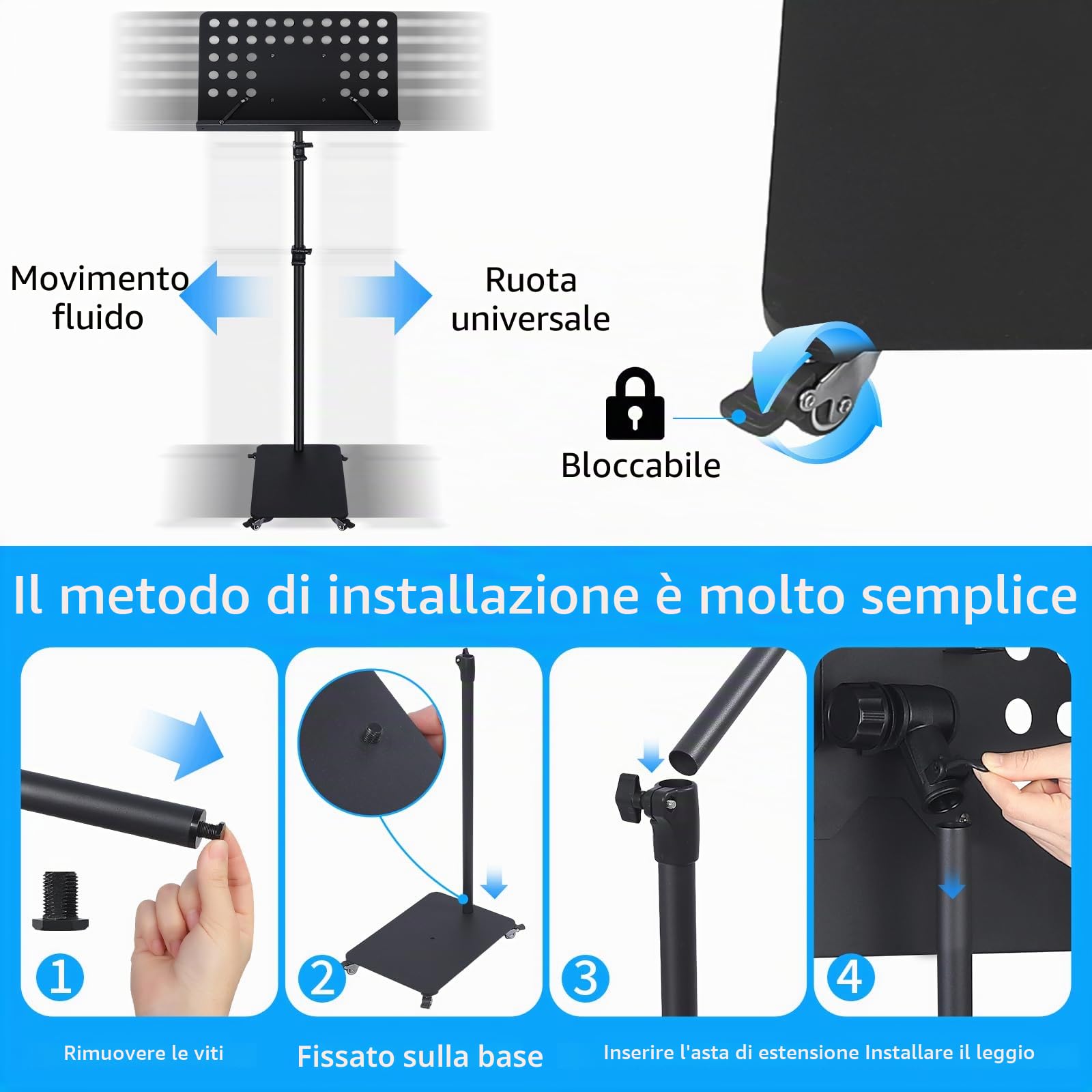 Leggio professionale per spartiti da orchestra, con ruote, in metallo, alto, supporto per cellulare, tablet, per pianoforte, tastiera, strumenti a fiato, suonatori, altezza regolabile da 90,9