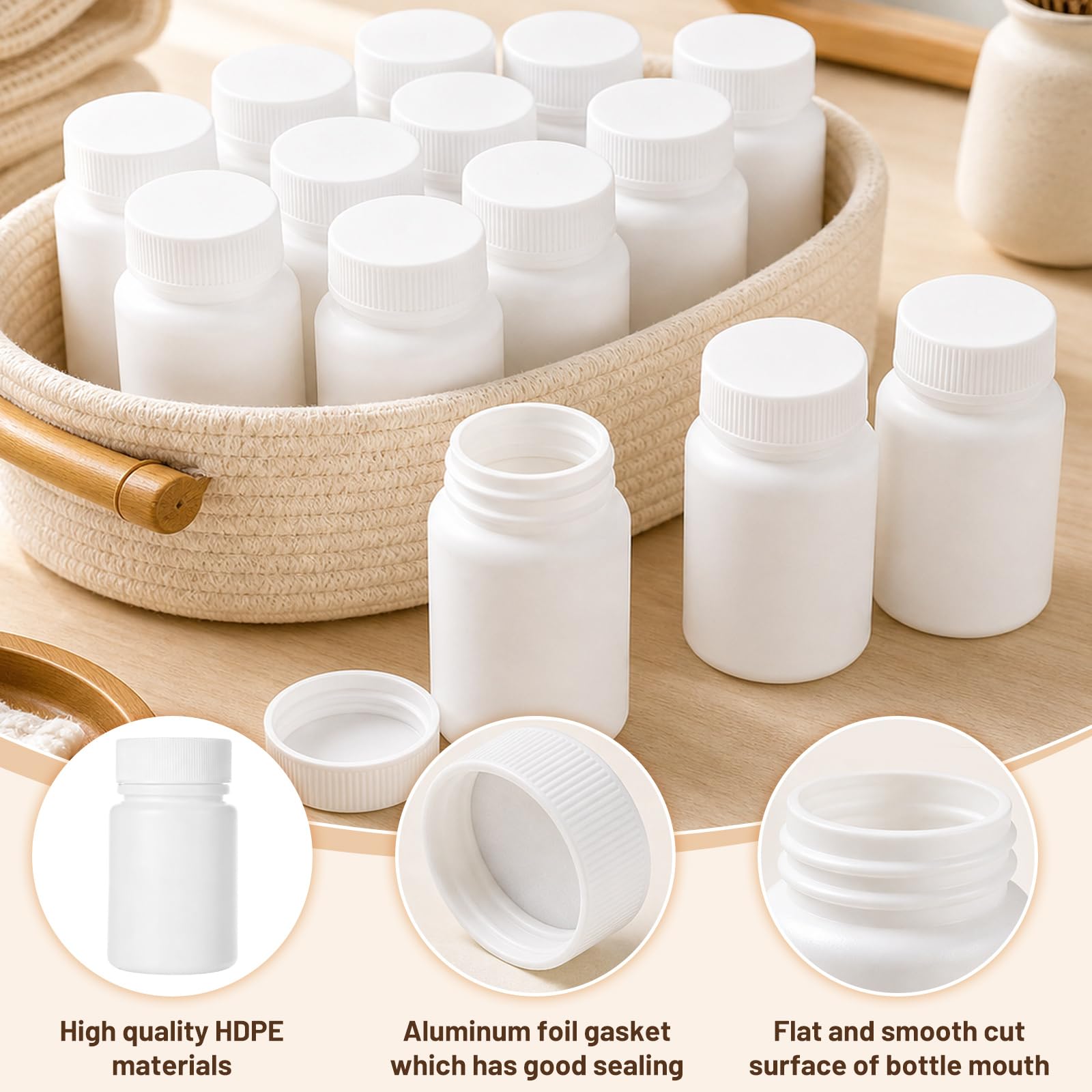 Lot de 80 flacons vides de 50 ml avec bouchons en polyéthylène haute densité à large goulot pour vitamines, capsules, rangement de voyage - Blanc