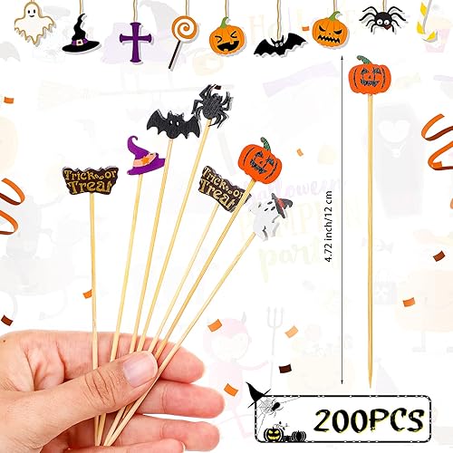 Miniatura 9 de Púas de cóctel de Halloween, sombrero de araña, calabaza, letras fantasmas, palillos de dientes de bambú, palillos de bambú para decoración de