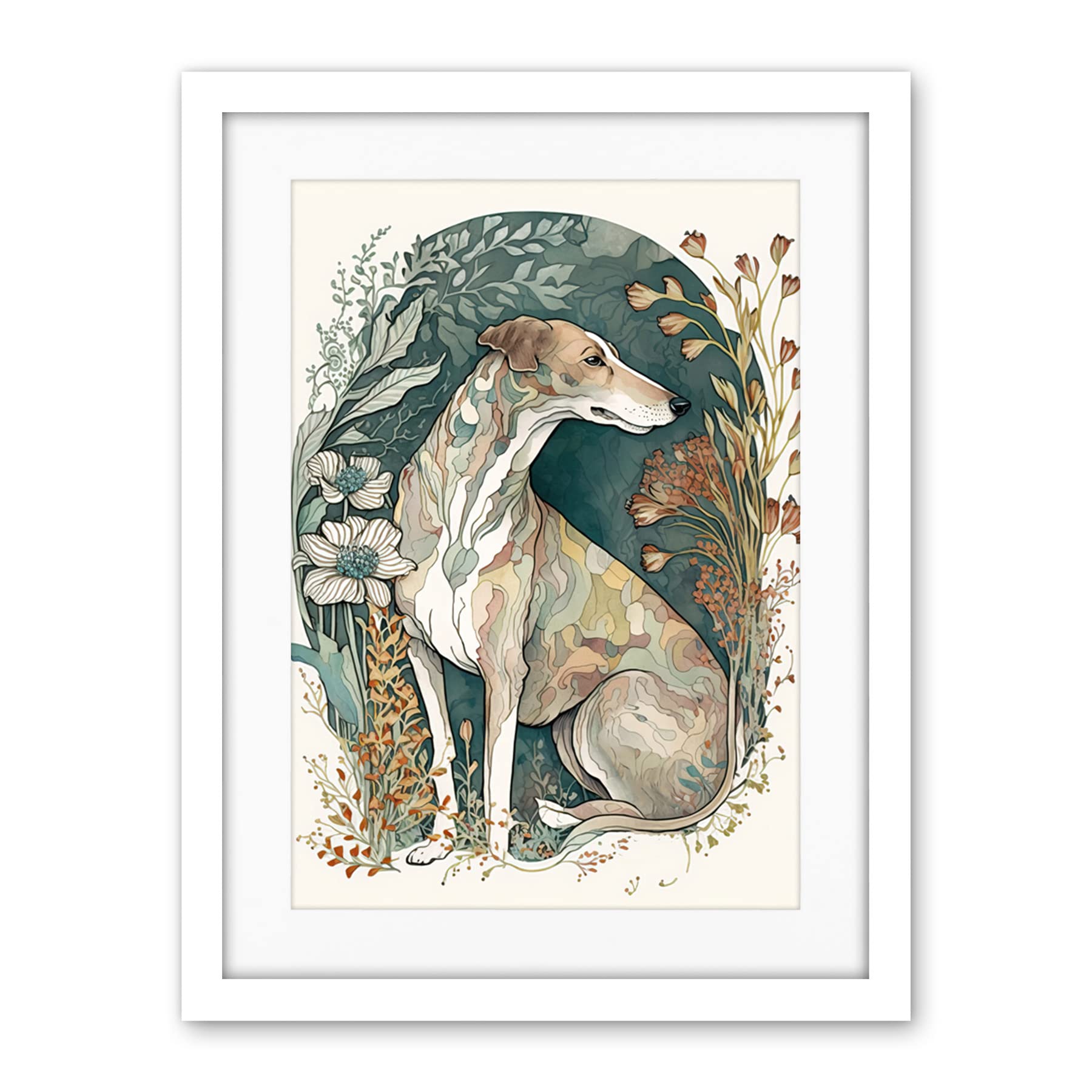 Artery8 Greyhound Dog in Flower Field Modern Pastel Boho Watercolour Illustration Artwork Framed Wall Art Print 18X24 Inch
