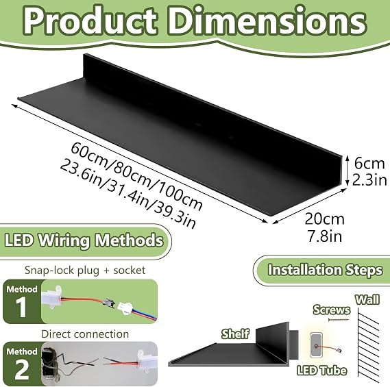 Floating Display Shelf with Led Lights, Metal Wall Mounted Floating Shelves, Modern Wall Hanging Creative Bookshelf Light-Emitting Shelves for Livingroom Bathroom(Black, 80CM)
