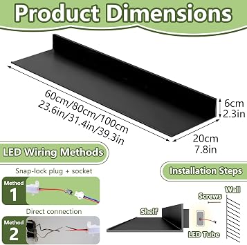 Floating Display Shelf with Led Lights, Metal Wall Mounted Floating Shelves, Modern Wall Hanging Creative Bookshelf Light-Emitting Shelves for Livingroom Bathroom(Black, 80CM)
