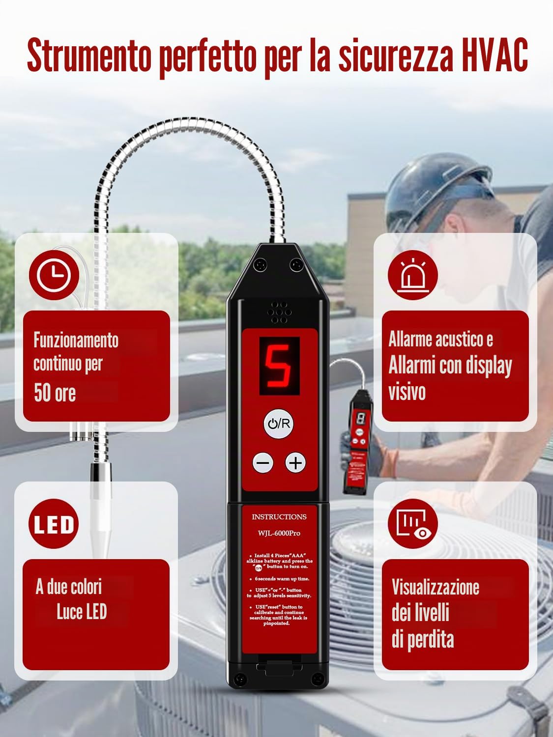 WJL-6000PRO Rilevatore Gas Refrigerante CON LUCE LED, Portatile, Controllo Perdite, HVAC Freon tester di perdita per aria condizionata auto