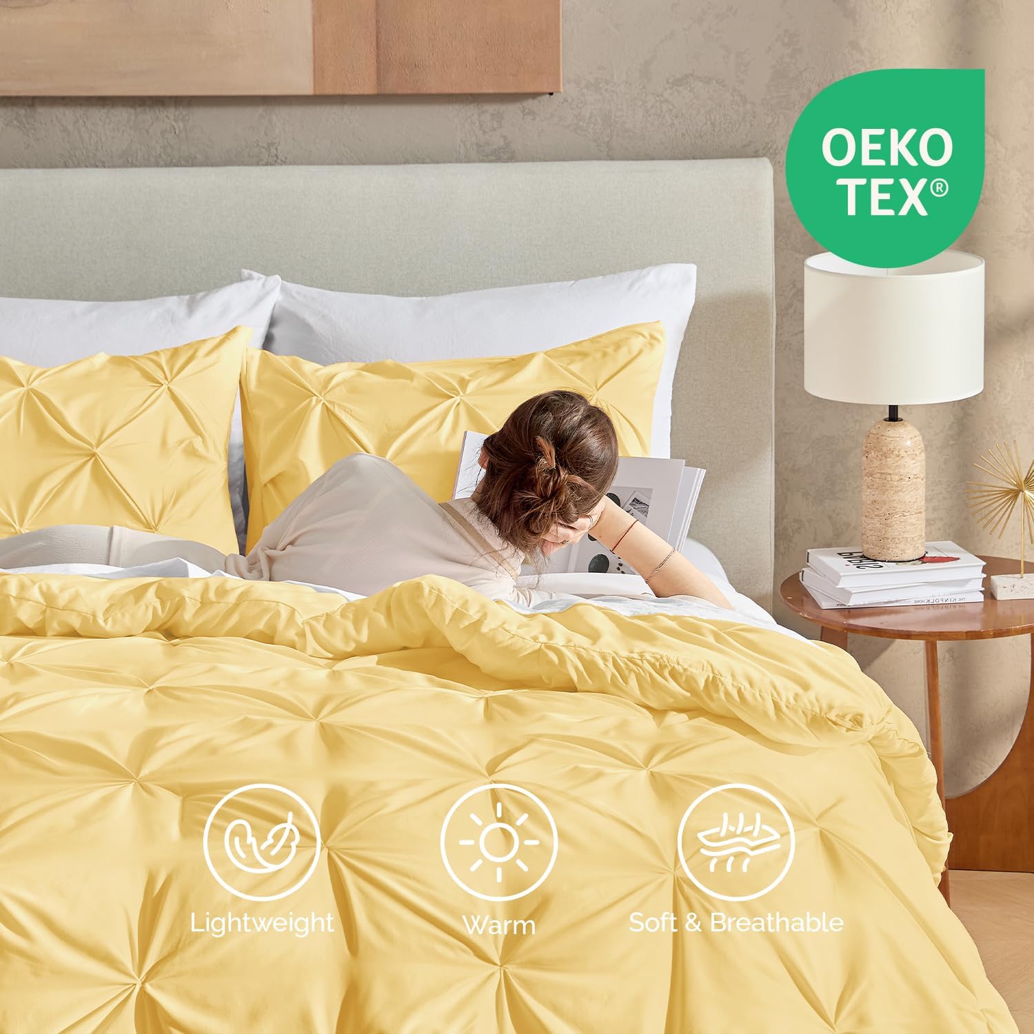Andency Yellow Pinch Pleat Comforter Queen(90x90Inch), 3 Pieces(1 Pintuck Comforter and 2 Pillowcases) Pintuck Comforter Set, Microfiber All Season Down Alternative Bedding Set - Image 4