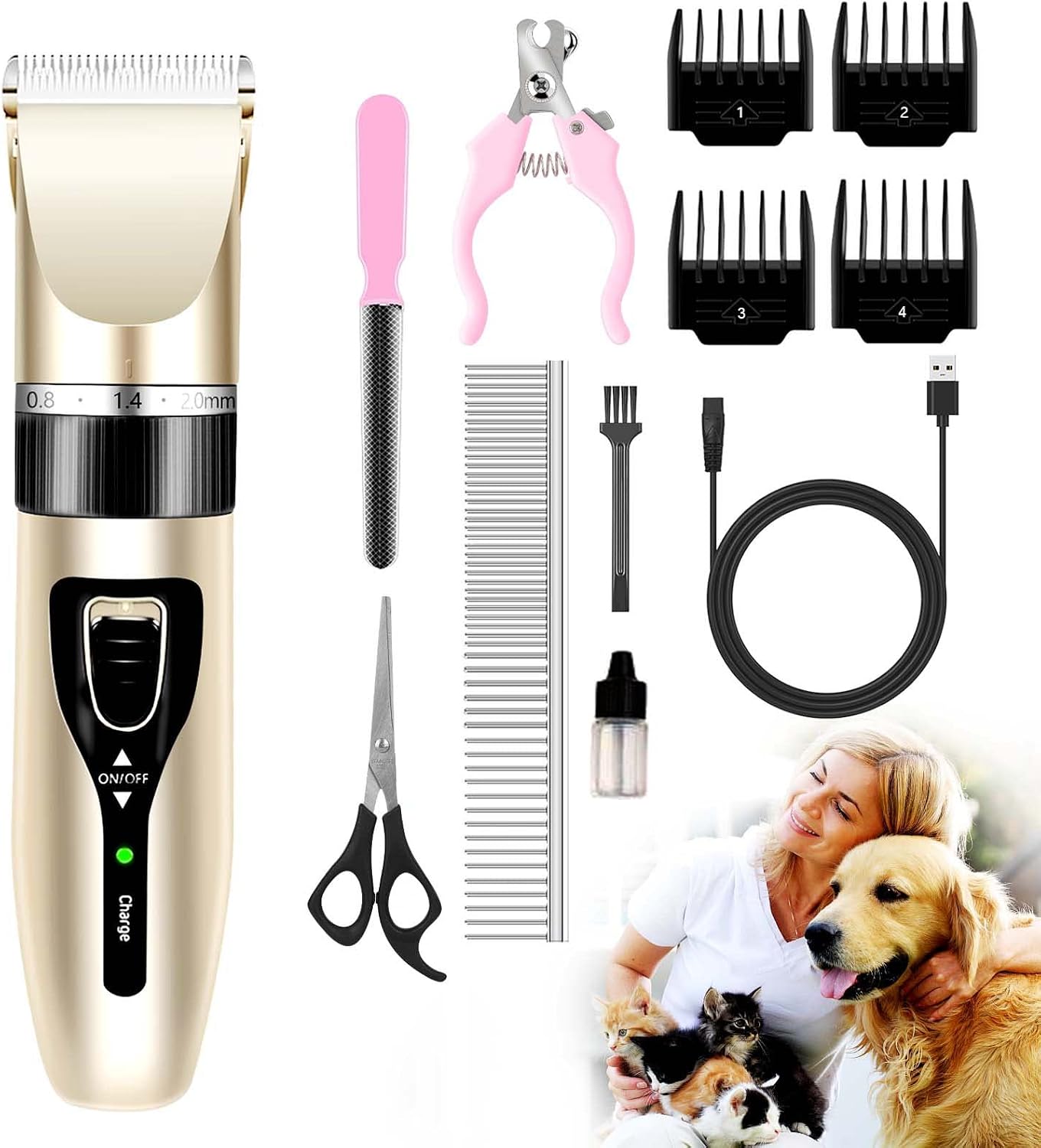 zikillya® Dog Clippers for Grooming,Low Noise Cordless Dog Grooming Kit for Grooming Thick Coats Dog Shears Rechargeable Dog Grooming Clippers for Dogs, Cats and Other Pet Grooming kit (Gold)
