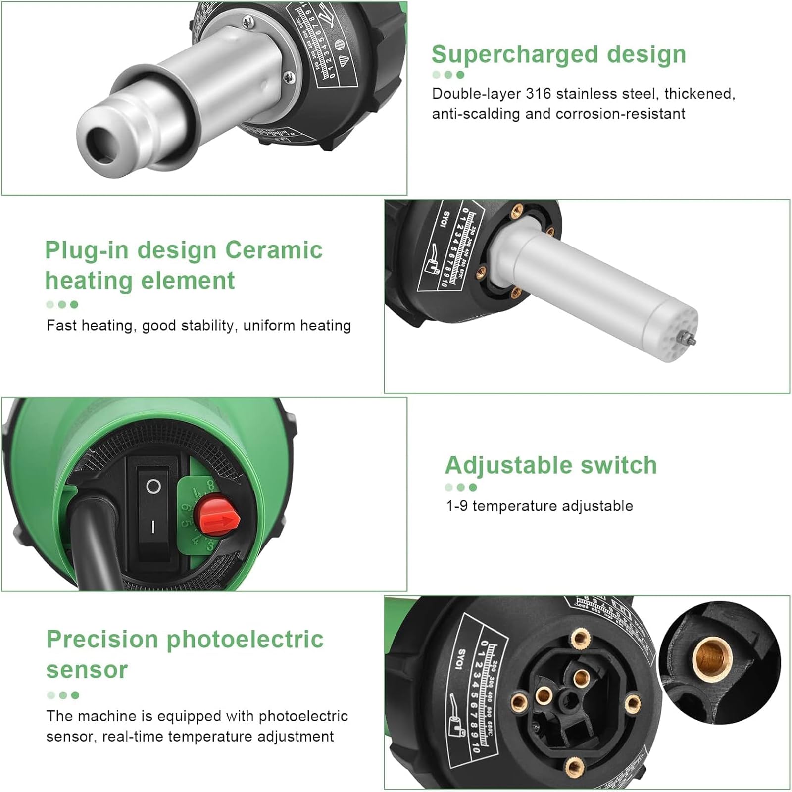 Pistola de calor para soldador de plástico, 1600 W, temperatura ajustable de 30 a 650 °C, ranuradora manual, volumen de aire de 260 l/min, ideal para reparar productos de plástico