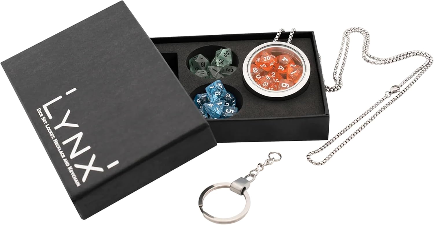 LYNX DND Dice Set Locket/Keychain - 3 Polyhedral Mini Dice Sets Included - Perfect RPG/Dungeons & Dragons (D&D) Accessories Gifts. Tiny/Micro Red, Blue & Clear Set have D20 D12 D10 D8 D6 Sided Dice.