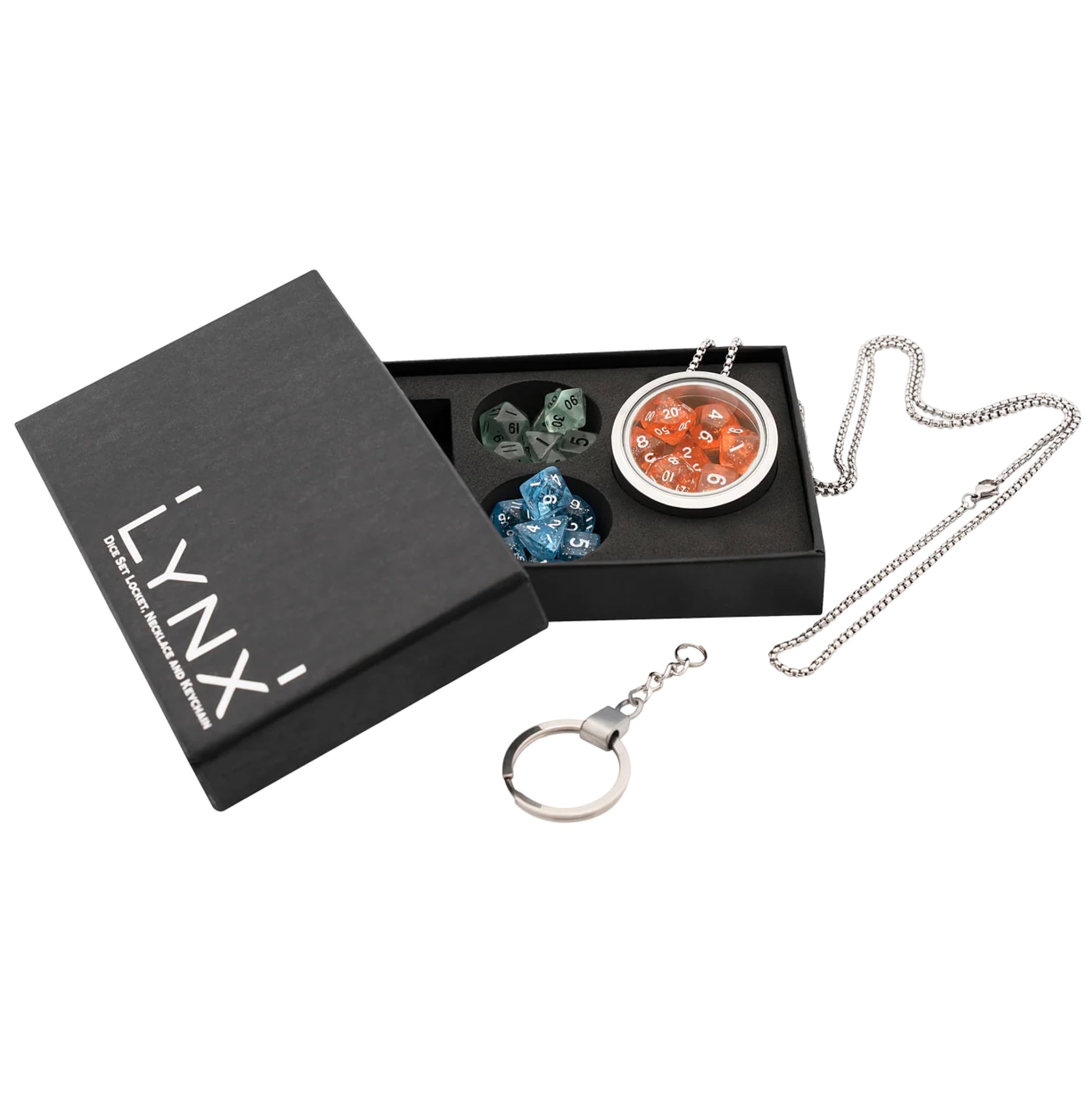 Coffret Médaillon Porte-clés Avec 3 Mini Jeux De Dés Polyédriques - Cadeau Idéal Pour Joueurs De JdR, Donjons & Dragons (D&D) - Dés Rouges, Bleus Et Transparents