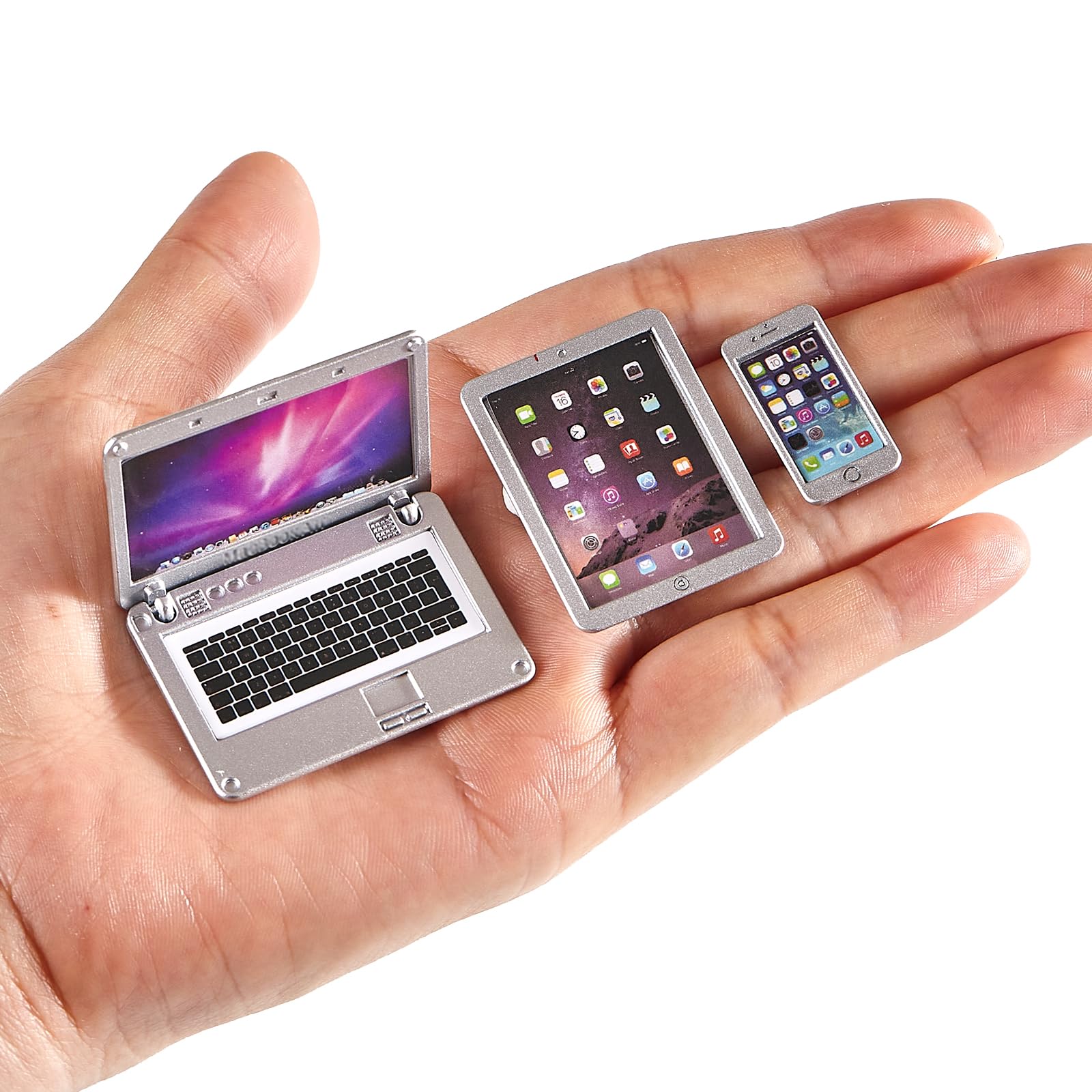 1:12 1:10 Scale Dollhouse Decor Accessories Laptop, Miniature Laptop Tablet Smart Phone Stuff Doll House Mini Play Set Accessories (Silver)
