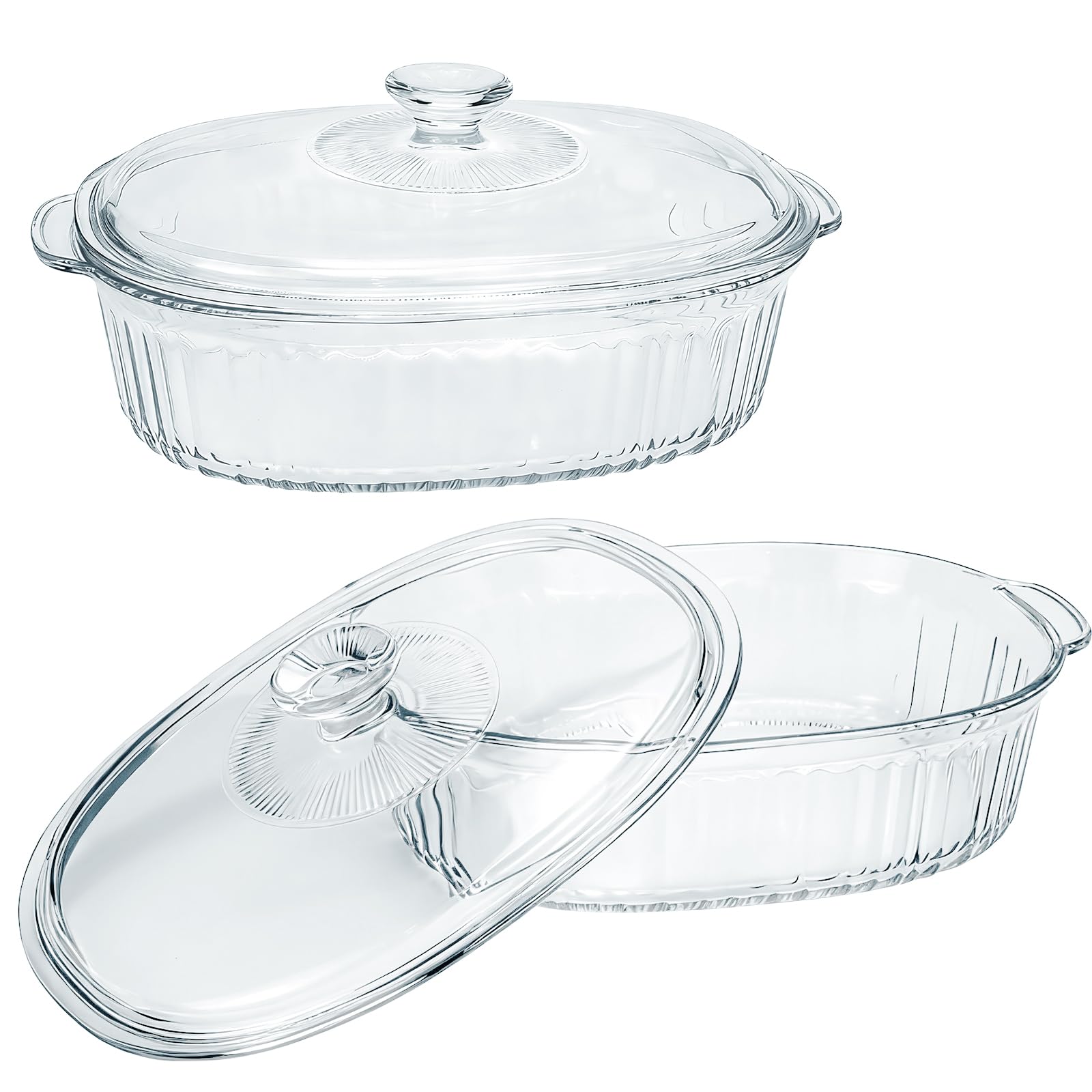 Confezione da 2 casseruole in vetro con coperchio, pirofila in vetro trasparente, per forno e microonde, contenitore profondo versatile per alimenti da forno (0,5 l, 0,9 litri)