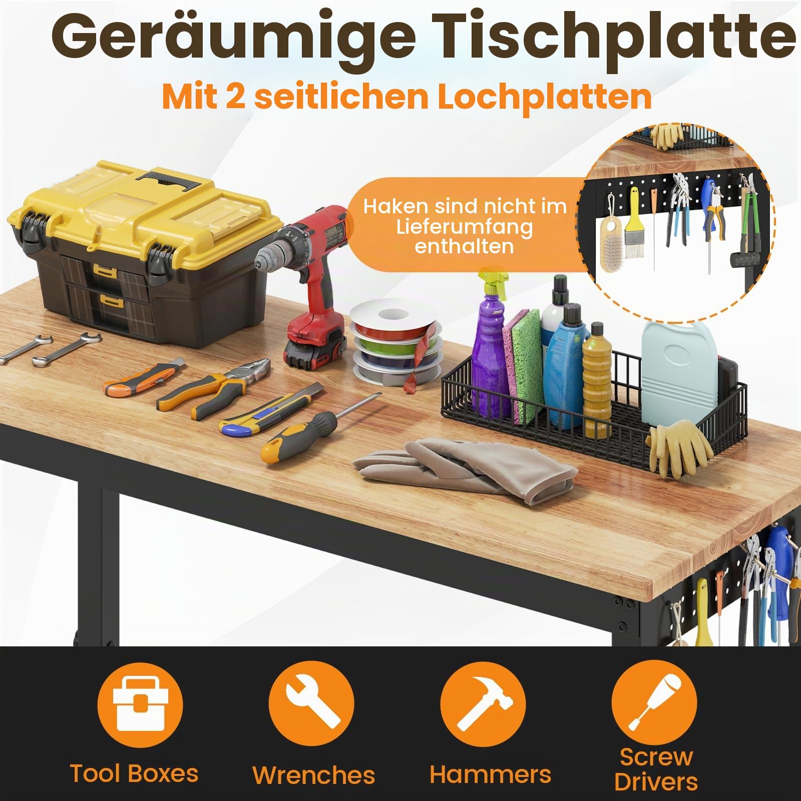 FANTASK Werkbank mit Rollen, Arbeitstisch höhenverstellbar von 74 – 104 cm, Garagentisch bis 1100 kg mit 2 Lochplatten & Metallrahmen, Gummi Holz Werkzeugtisch für Garage Büro