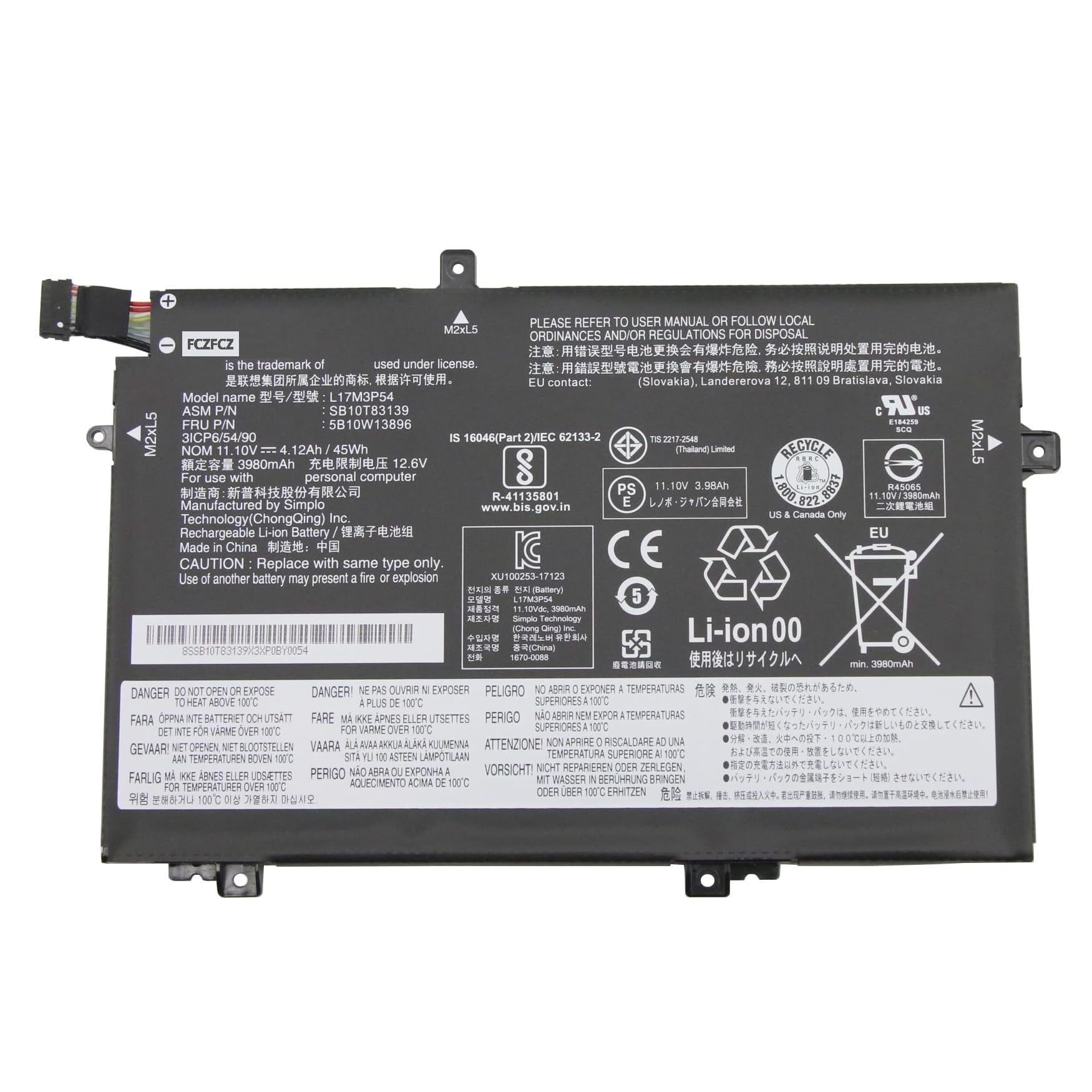 Photo 1 of FCZFCZ L17M3P54 Battery 45Wh 4120mAh Replacement for Lenovo ThinkPad L480 L490 L580 L590 L14 L15 / ThinkPad L14 Gen 2 L15 Gen 2 Series SB10K97612 01AV465 L17C3P52 01AV466 L17L3P52 L17M3P53 11.1V