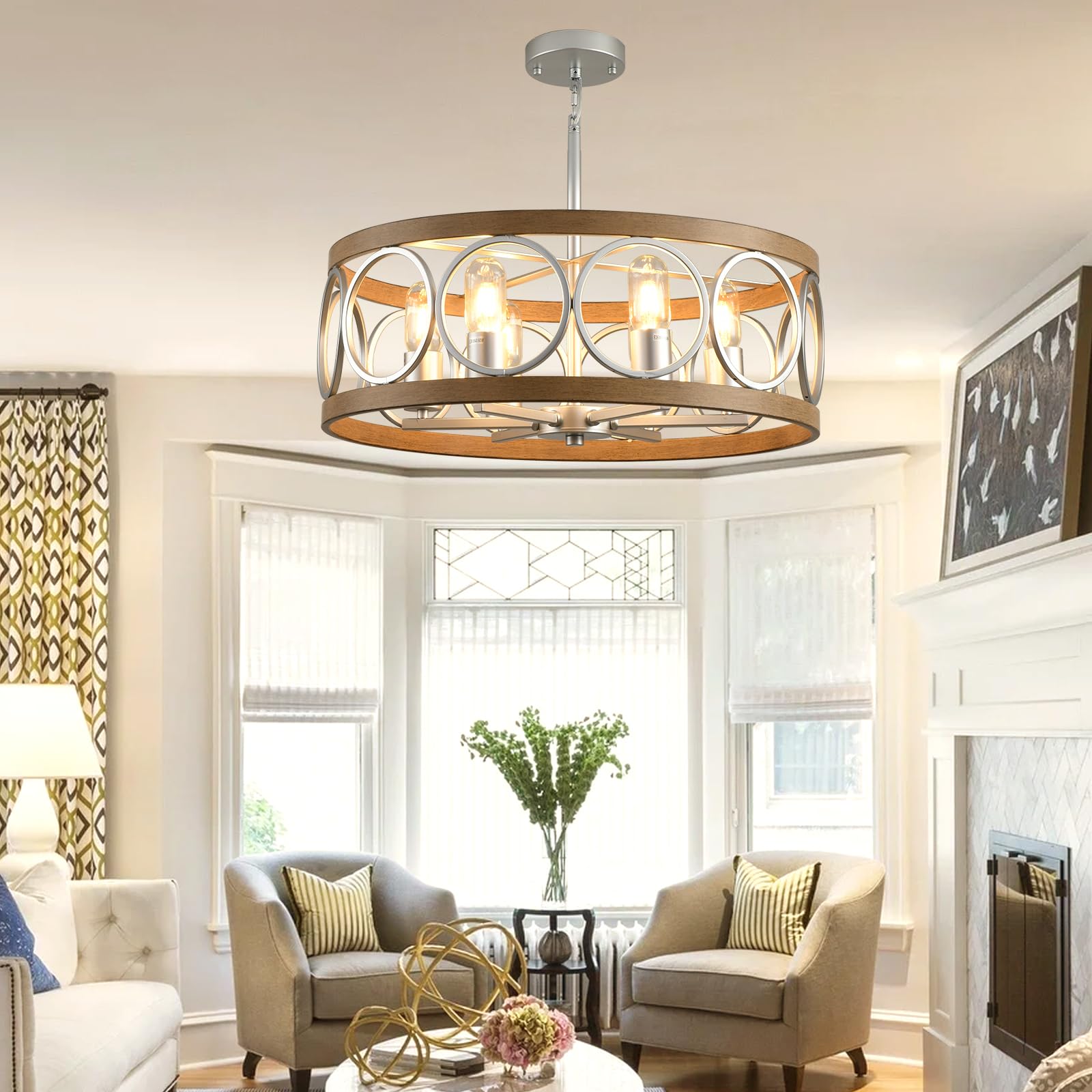 Guang Shuo Light Fixture Ceiling Mount,6-Light Farmhouse Metal Semi Flush Mount Ceiling Light Fixture 25.6" (Silver),Rustic Chandeliers for Living Room Bedroom Dining Room Entryway Hallway Kitchen