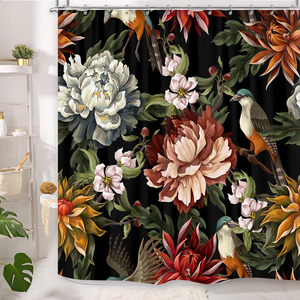 GOAOK Black Boho Floral Shower Curtain, Bright Abstract Bohemian Tropical Leaves Plant Flower Botanical Bird Shower Curtain，Modern Aesthetic Boho Chic Fabric Bathroom Accessories 12 Pack Hooks, 72X72