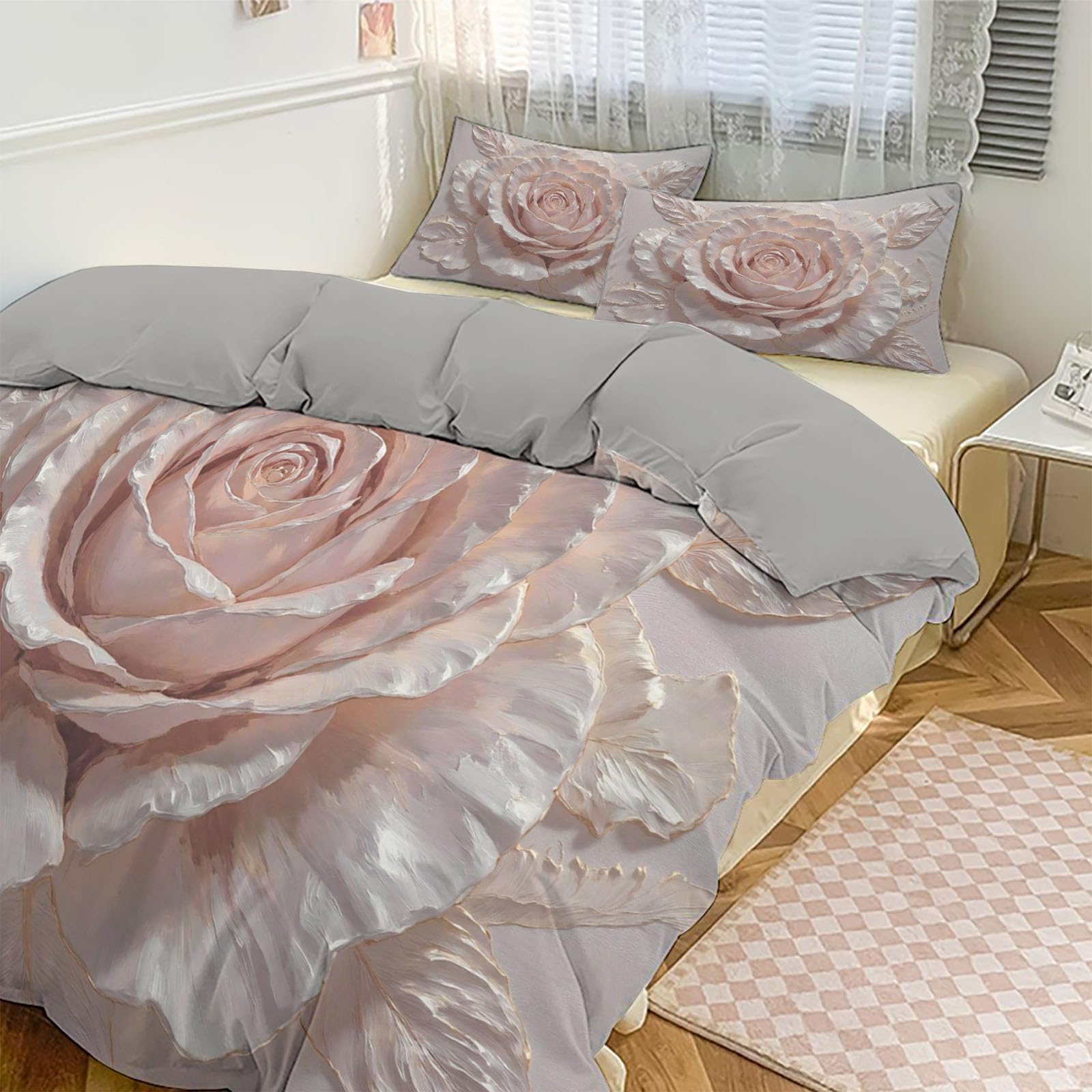 Copripiumino Matrimoniale Fiori Squisiti, Set di Biancheria da Letto Microfibra 3 Pezzi, Parure Copri Piumino 260x240CM e 2 Federa 50x75, Crema Copritrapunta con Cerniera