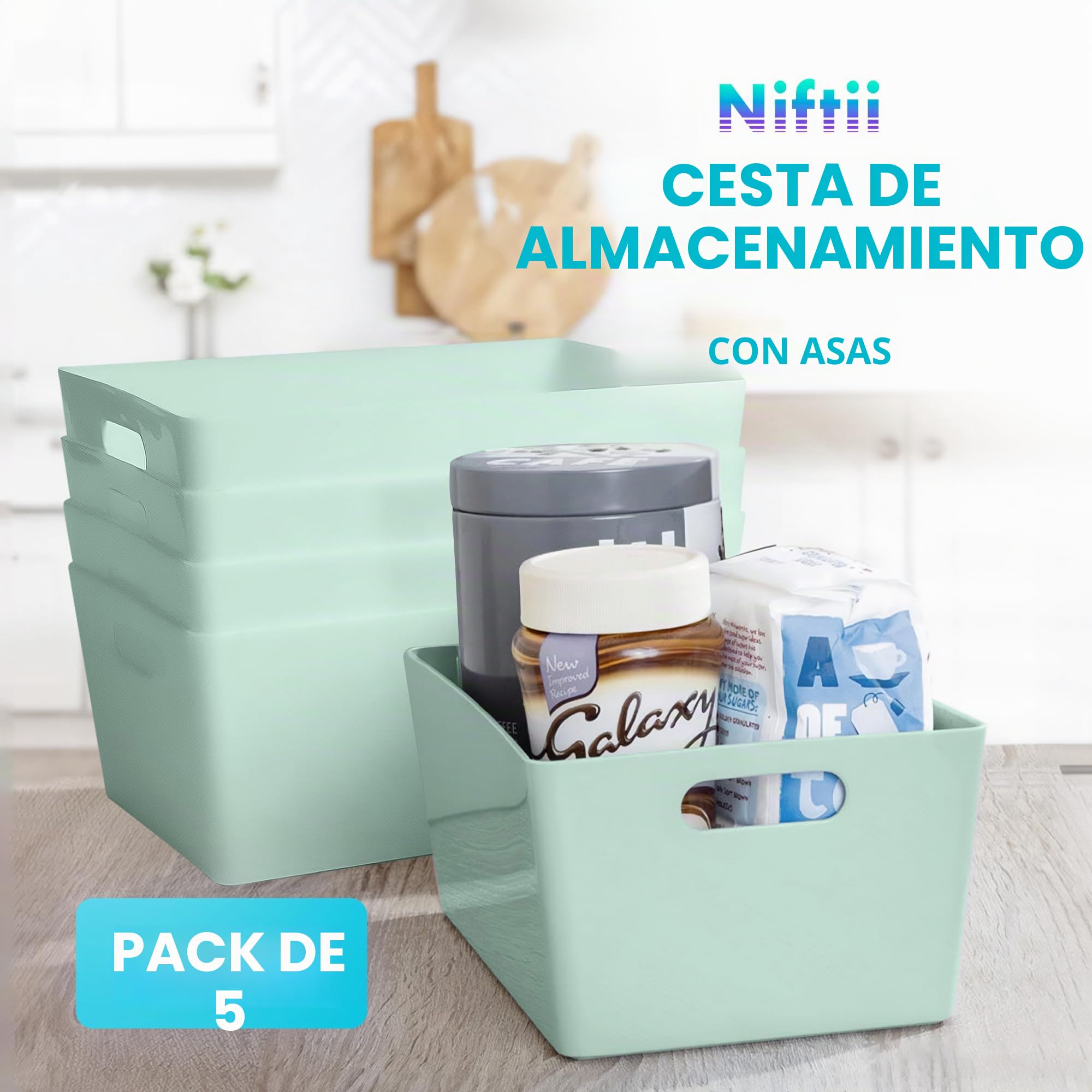 NIFTII Paquete de 5 cestas de almacenamiento de plástico con asas de 3,9 L, color salvia, organizador rectangular de almacenamiento para armario, cajas de almacenamiento de ropa, cestas de