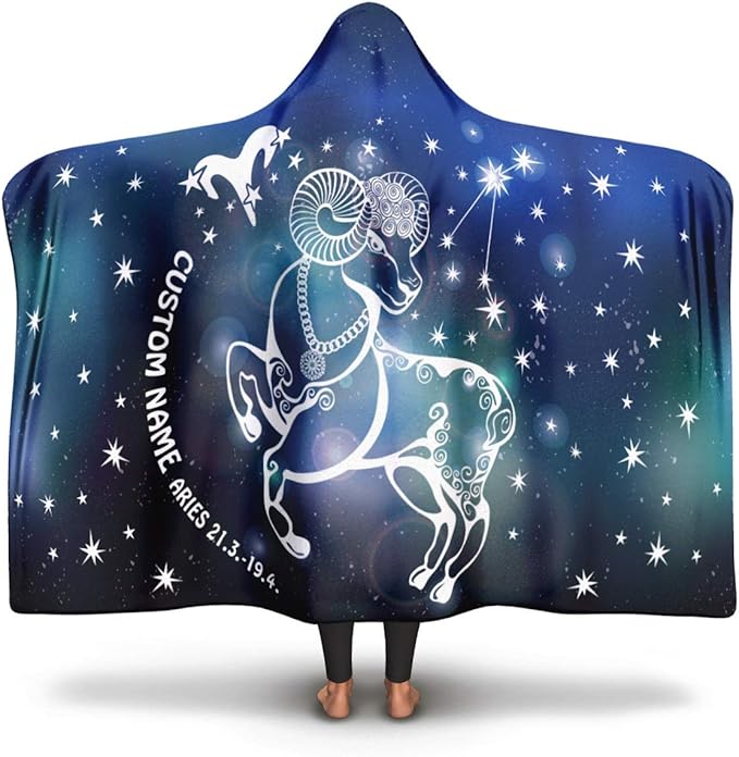 Personalized Aries Horoscope Zodiac Star Sign Throw Blanket, Hooded Blanket for Teens and Adults (Microfiber Fleece, Adult (80 in x 55 in))
