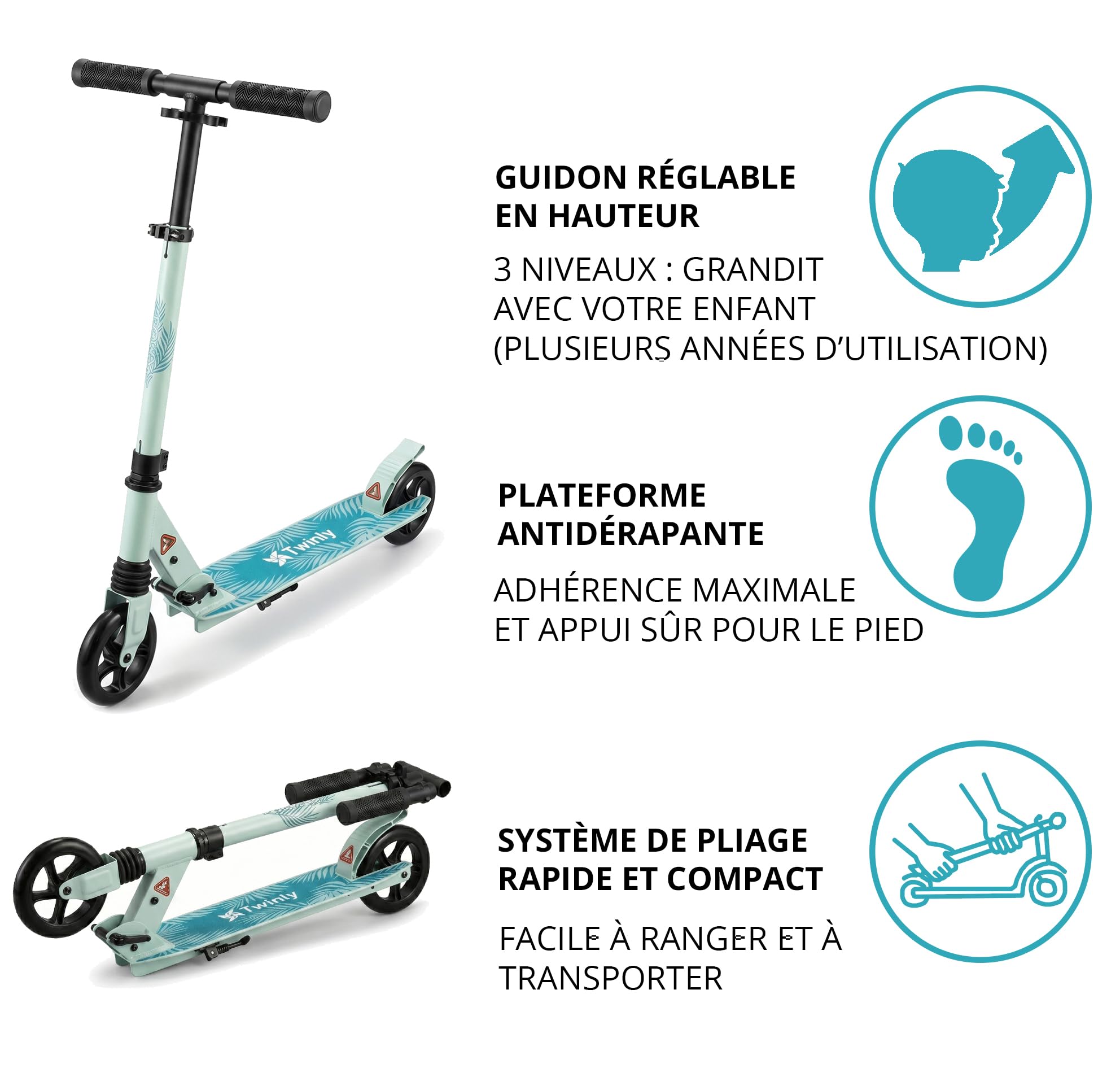 Trottinette pliable pour enfants de 8 ans Rocky de Twinly avec guidon réglable en hauteur, frein arrière à pied et système de pliage rapide, résistante jusqu'à 100 kg