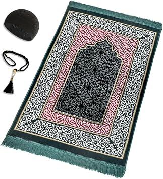 Velvet Islamic Prayer Rug Set Thick Prayer Mat - 99 Tasbih Prayer Beads - Black Cotton Kufi Hat Eid and Ramadan Gift for Muslims Green