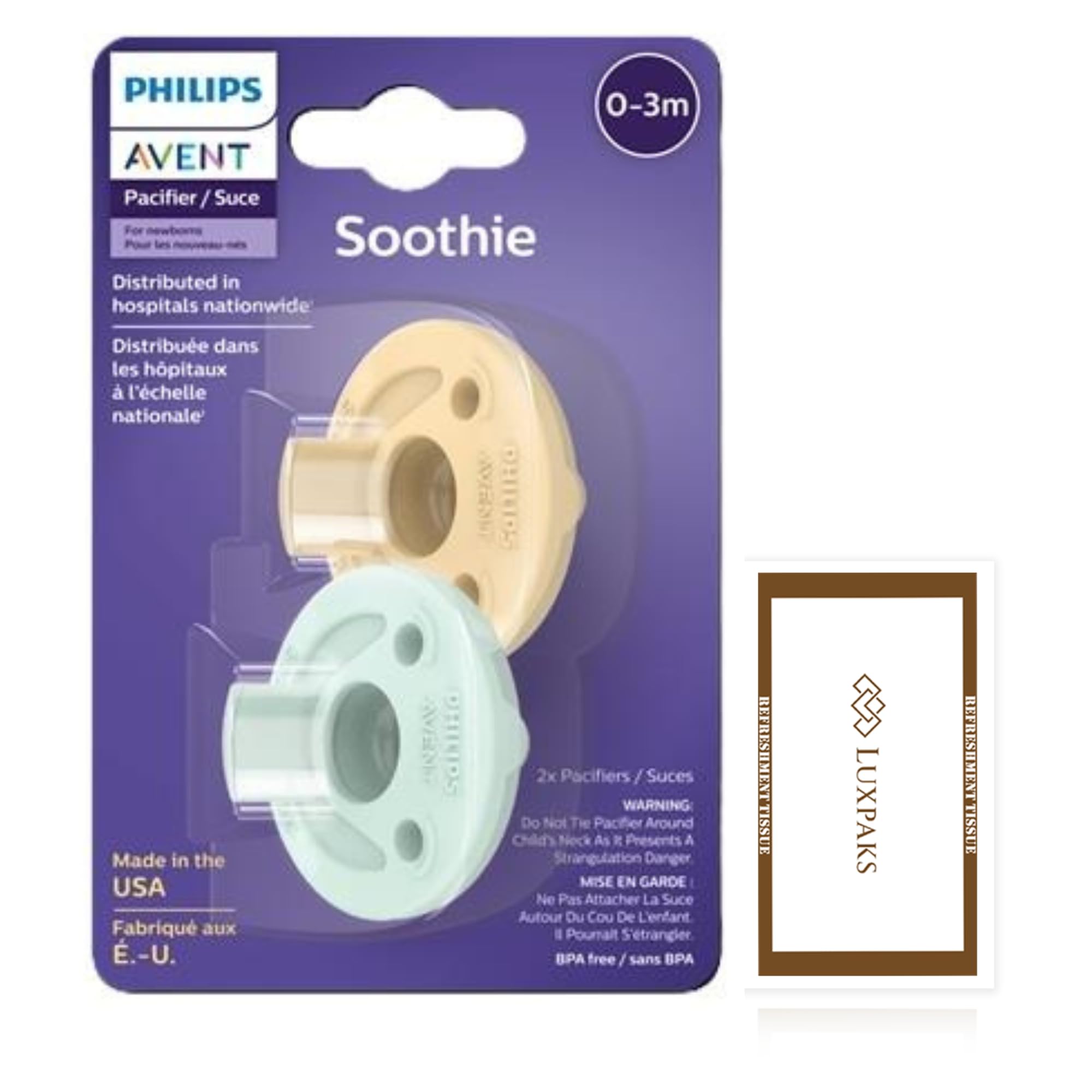 Baby Care Set: Philps Avnt Soothie 0-3m 2-Pack + LUXPAKS Wipe | Philps Avnt Soothee, 0-3 Months, Silicone Pacifier, Orthodontic, Baby Soother, Newborn Care, LUXPAKS Wipe