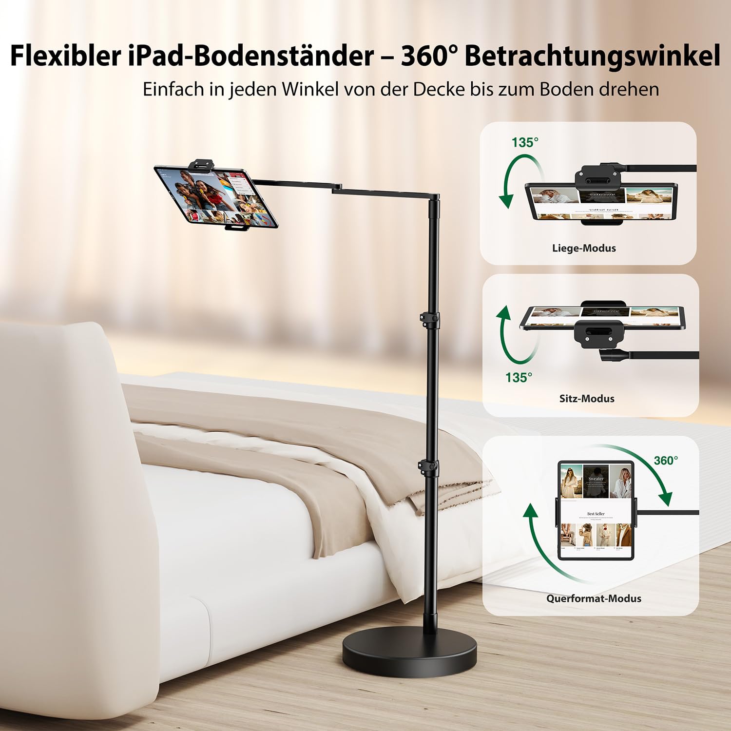 elitehood Schwenkbar Tablet Bodenständer Höhenverstellbar für Bett | Aluminium iPad Ständer Halterung für Bett, Sofa mit Frei Einstellbarem, Kompatibel mit iPad mini/Air/Pro 12.9" & 4.7–13"