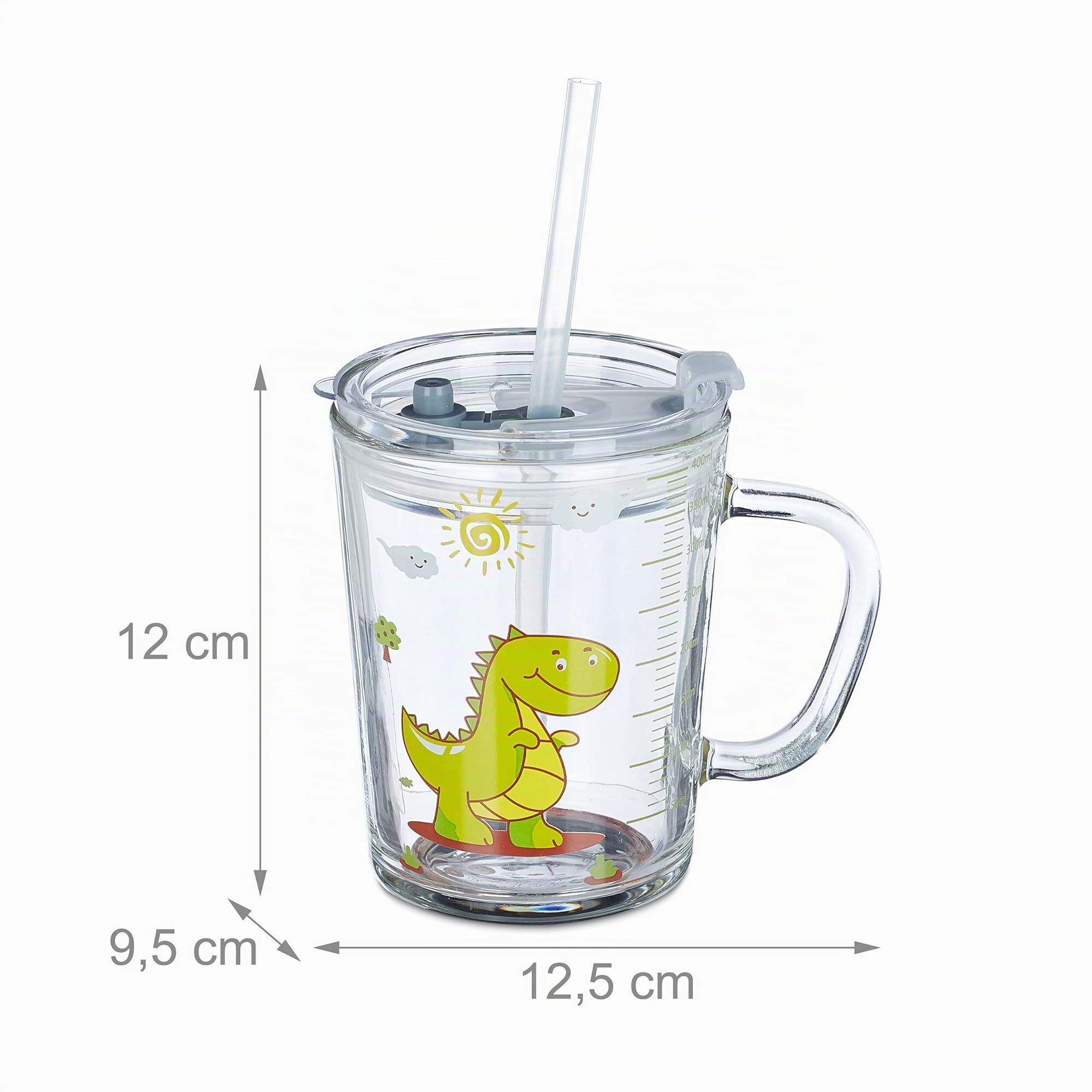 Relaxdays Set da 2 Tazze per Bambini in Vetro con Cannuccia in Silicone e Tappo, 400 ml, Dinosauro, Verde/Trasparente