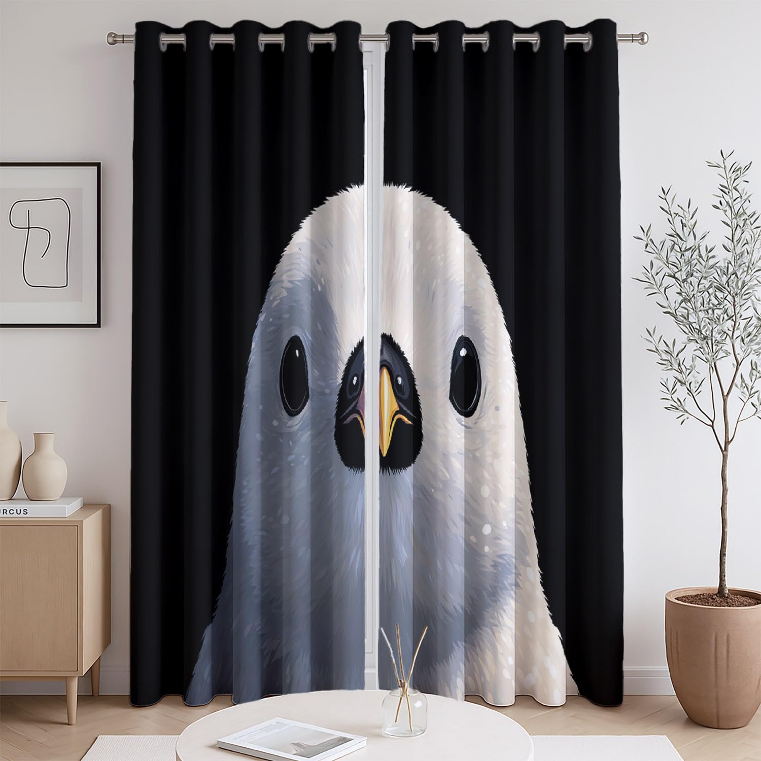 Zwierzę uroczy pingwin ptaki zasłony do kina domowego - oryginalny design zasłony panelowe poliestrowe, białe, szer. 66 x dł. 72 (2 panele) 167 x 182 cm