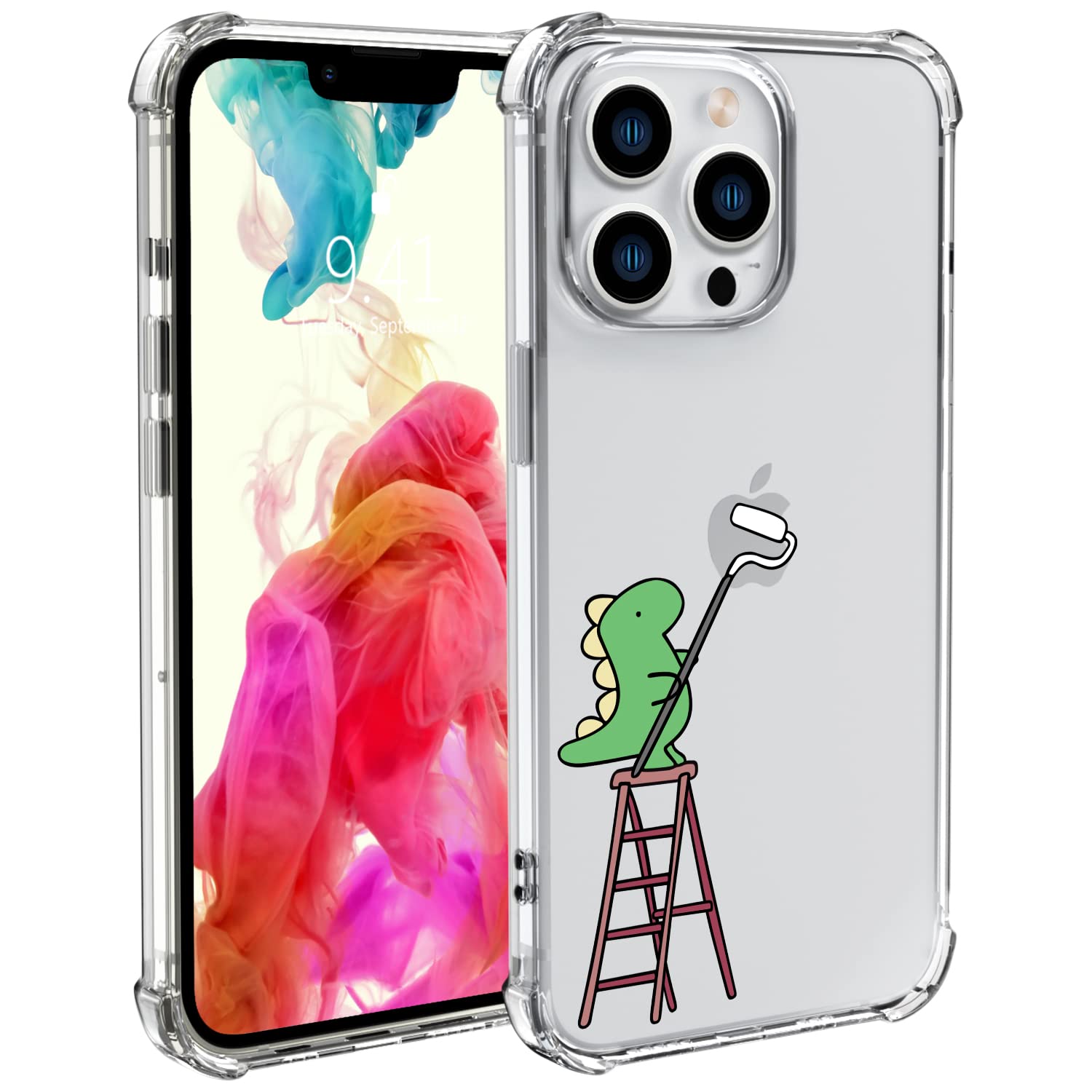 Wihytec Lovely Dinosaur Phone Case for iPhone 13 PRO MAX Dinosaur Ladder Case Cover Clear Phone Case w/Four Corner Reinforced Shockproof Transparent Girly Women Phone Cover with Cute Design