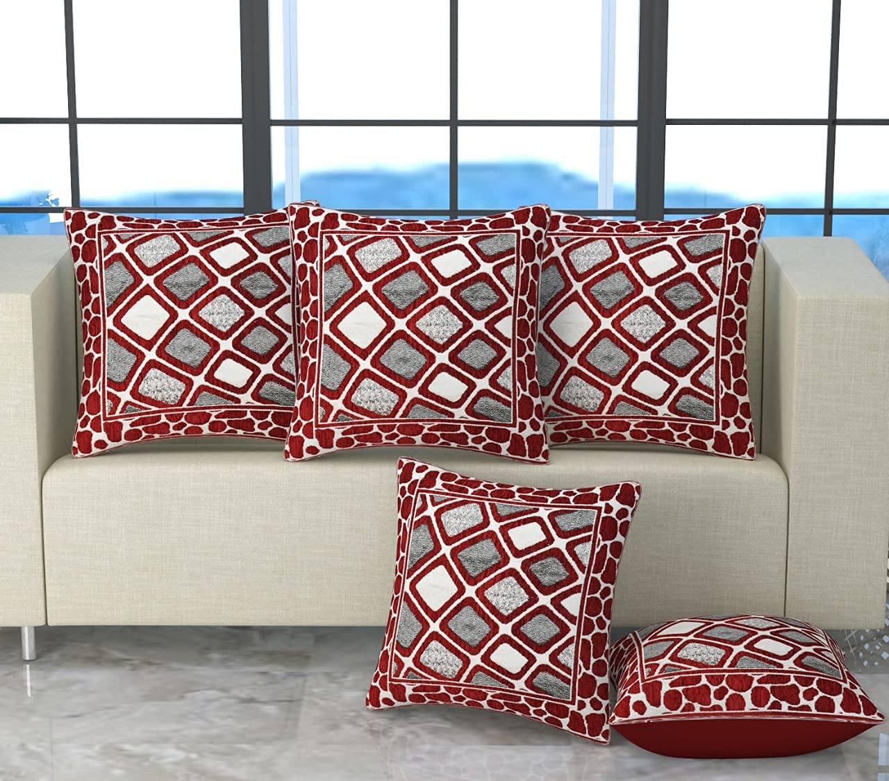 Neymo Velvet Touch Chenille Decorative Pillow/ Cushion Cover Set of 5 Pecs Size 16 Into 16 Inch Maroon Color